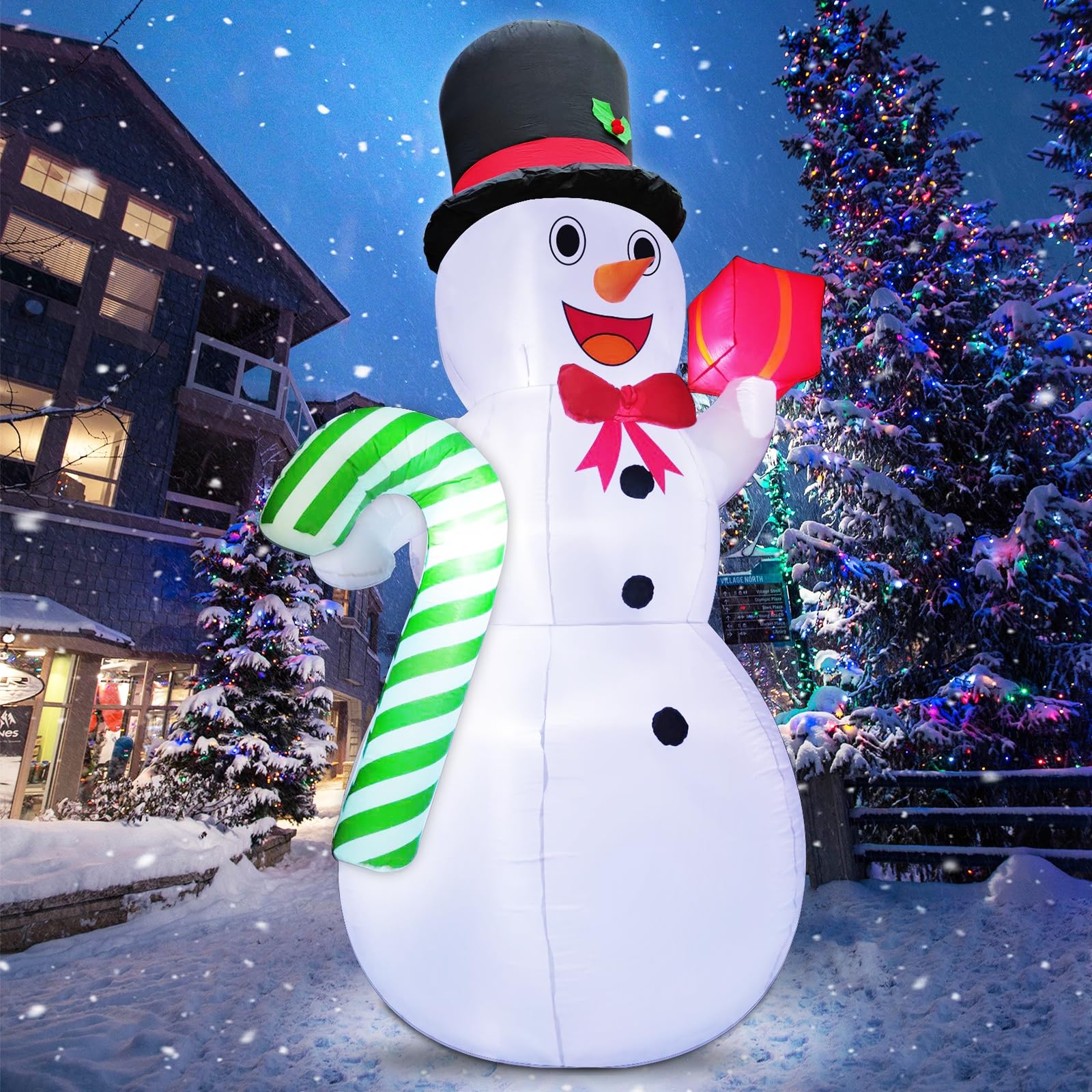 TURNMEON 10ft Giant Inflatable Snowman with Candy Cane - LED Christmas Outdoor Decorations with Stakes & Tethers - Holiday Blow Up Yard Decor for Xmas Party, Home, Garden, and Lawn Decoration