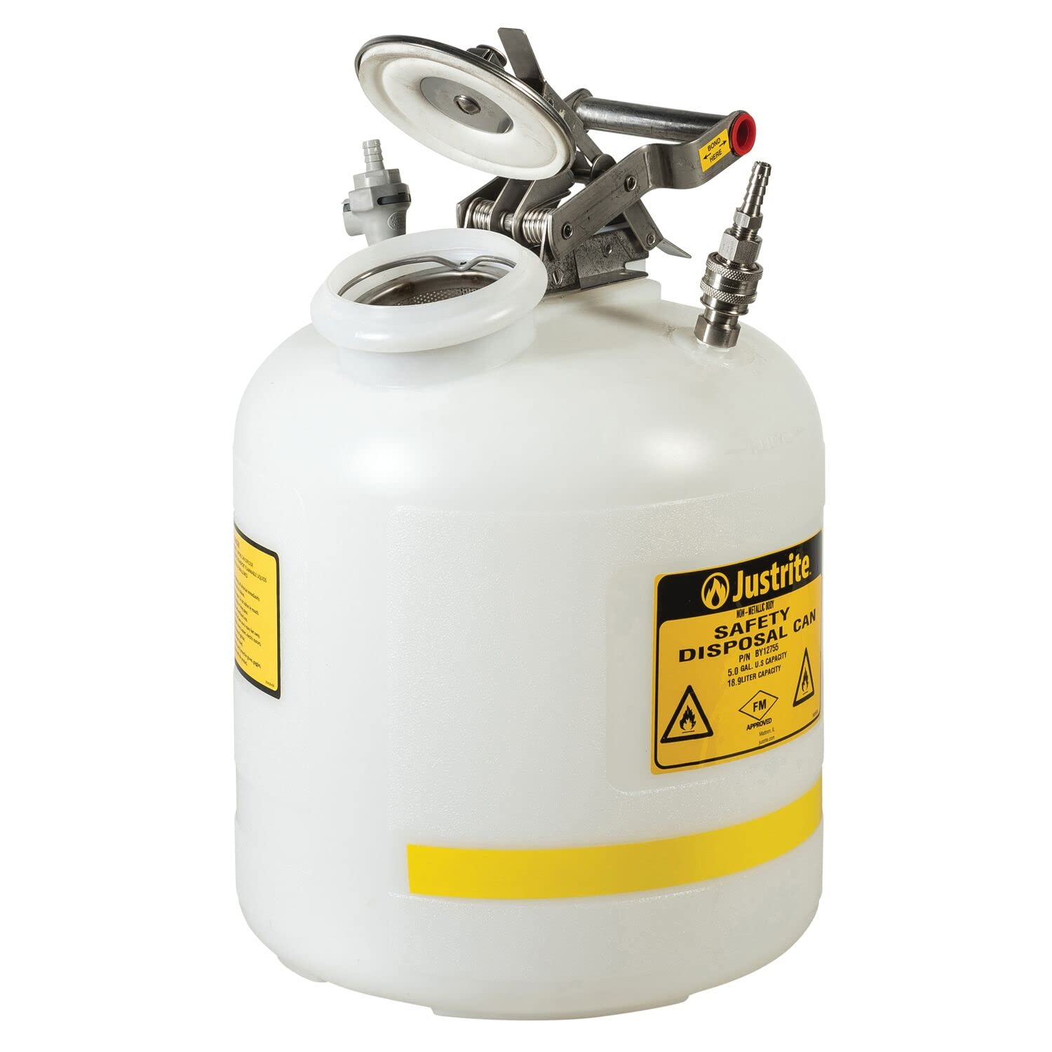 Justrite BY12755 5 Gallon Centura Disposal Polyethylene Safety Can with Stainless Steel PTFE Quick-Disconnect Fitting - Ideal for Workshop, Garage & Industrial Chemical Storage