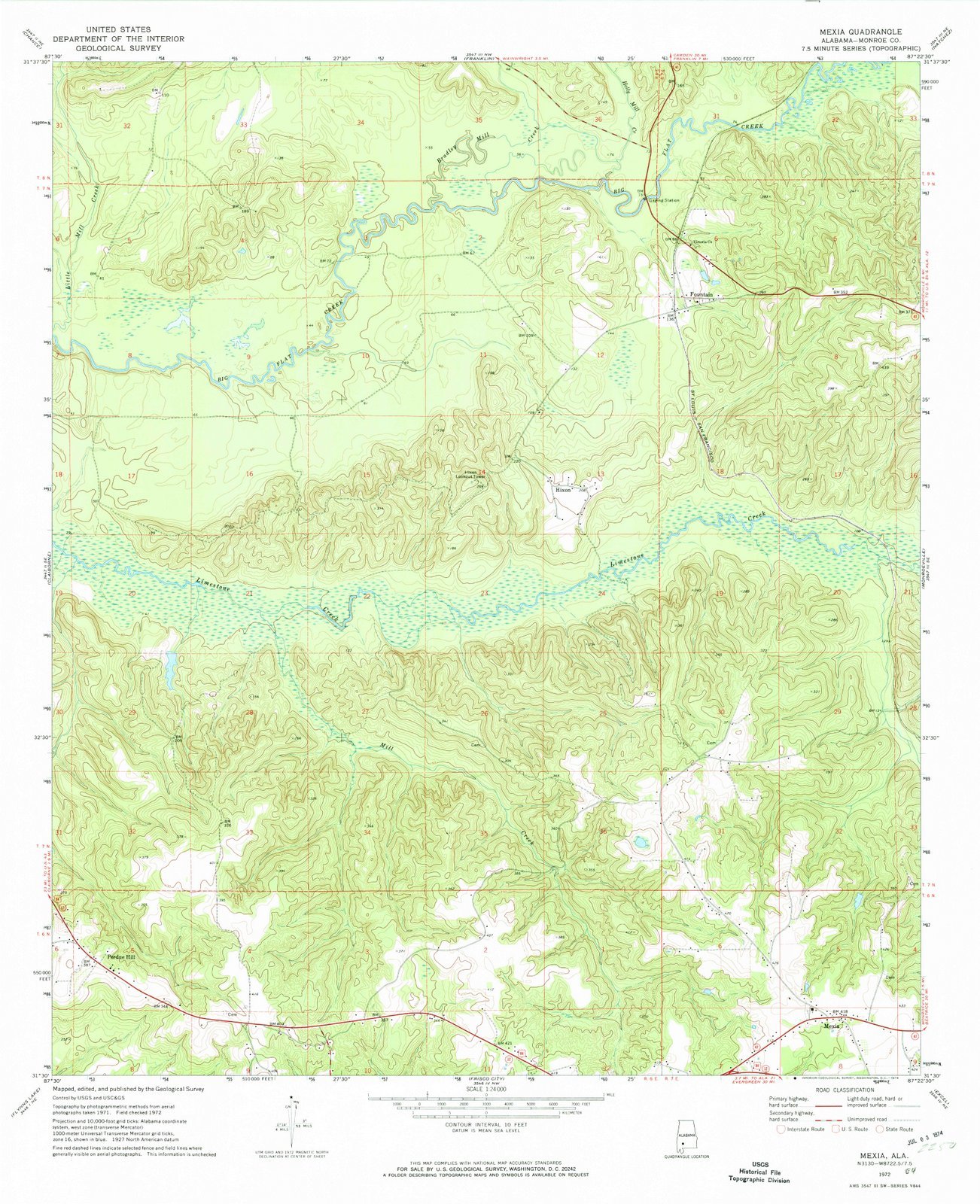 1972 Mexia, AL USGS Historical Topographic Map - 35x44 Inch Large Wall Art Decor - Vintage Alabama Maps for Home Office, Classroom & Gifts