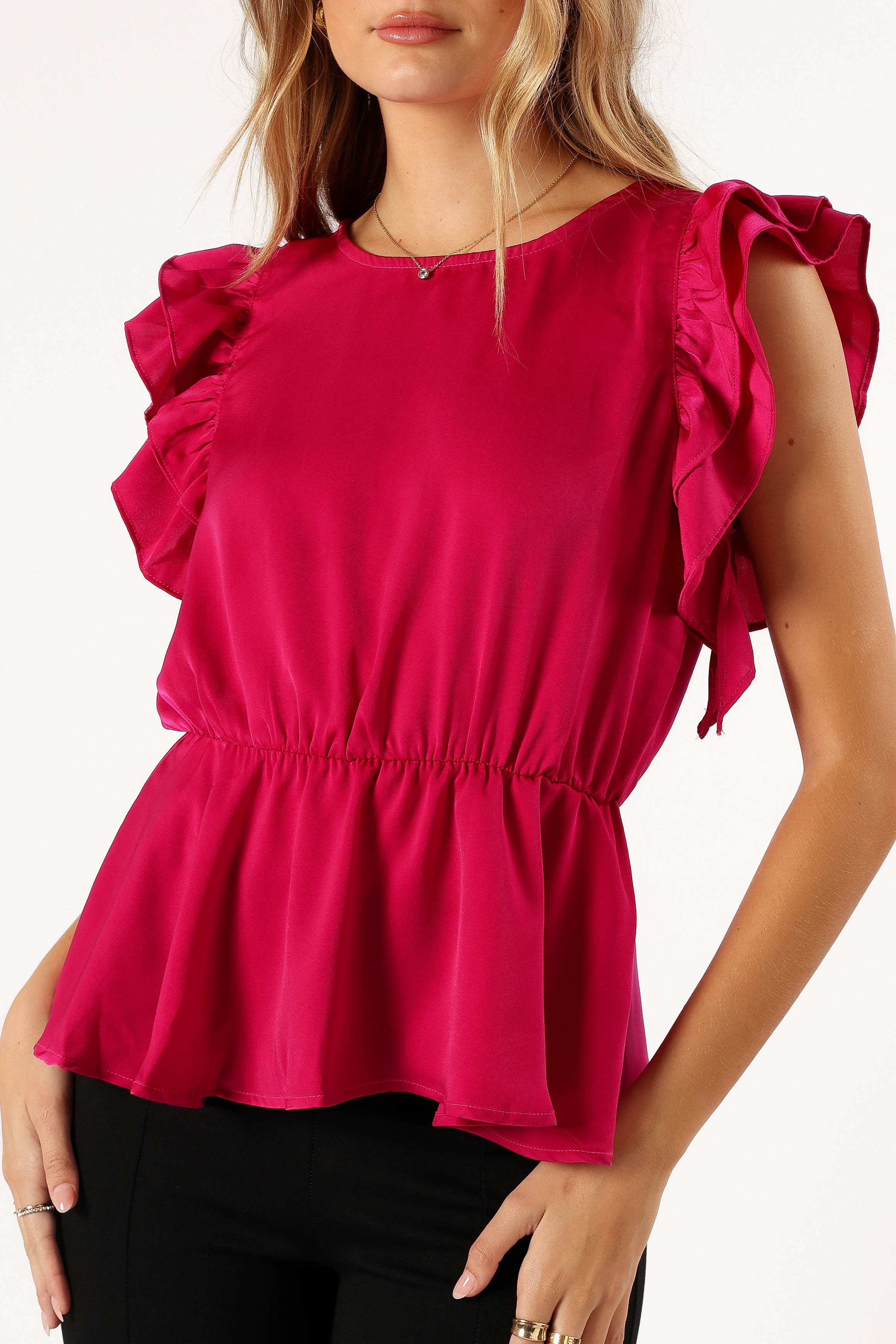 Amelia Ruffle Top Women's Blouse - Fuchsia Pink Floral Print Summer Casual Shirt for Date Night & Office Wear