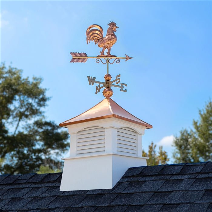 18 Square Coventry Vinyl Cupola with Rooster Weathervane - Decorative Roof Top Cupola for Barn, Shed & Garage - Weather Resistant Outdoor Home Decor