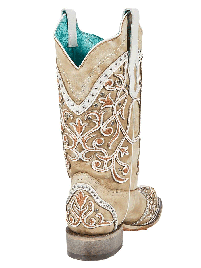 Corral A4165 Women's Western Boots - Embroidered & Studded Square Toe Cowgirl Boots in White | Perfect for Rodeo, Country Dancing & Western Fashion