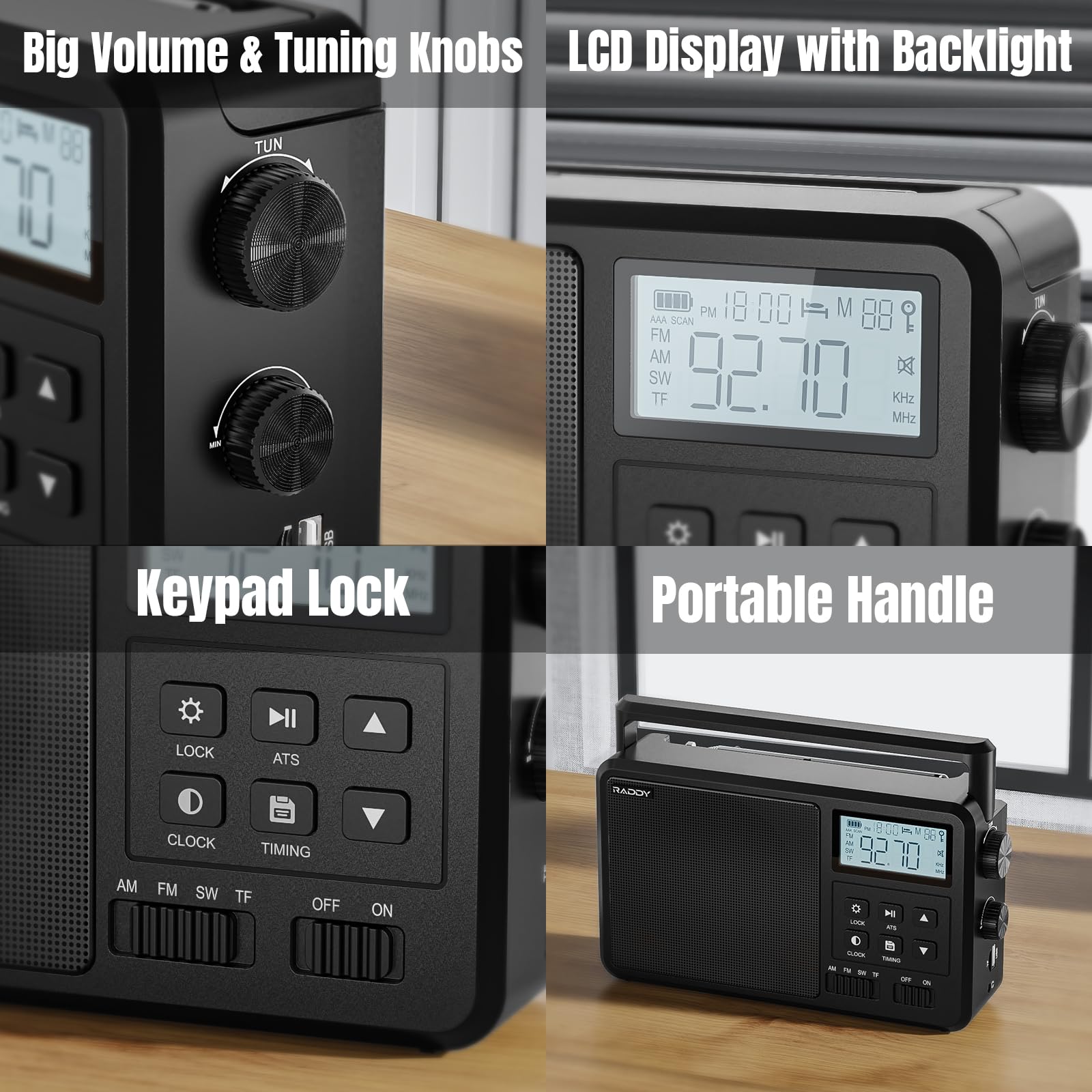 Raddy RF206 Portable Digital AM FM Shortwave Radio with 8W Speaker, LCD Display, Bluetooth, TF Card & USB Playback - Battery/AC Powered for Home, Outdoor, Emergency & Gift Giving
