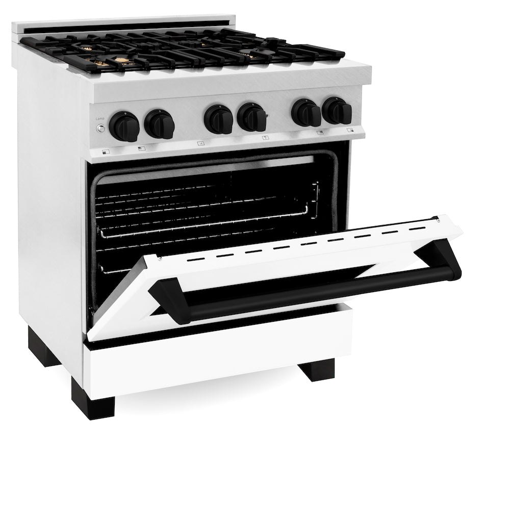 ZLINE Autograph Edition 30-inch 4.0 cu. ft. Dual Fuel Range - 4 Burner Gas Cooktop & Electric Convection Oven - Satin Stainless Steel with White Matte Door & Black Accents (RASZ WM 30 MB) - Perfect for Modern Kitchens & Professional Home Chefs
