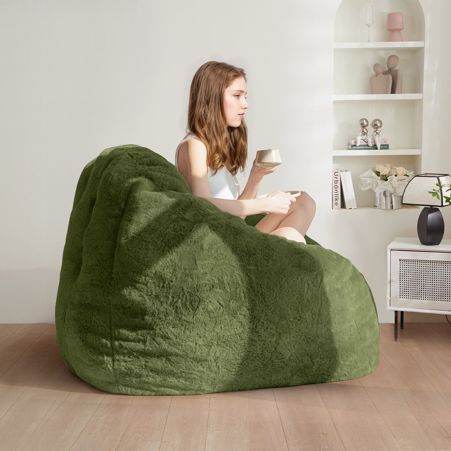 MAXYOYO Giant Bean Bag Chair - Oversized Faux Fur Shell Design for Reading & Relaxing - Green - Perfect for Living Rooms, Bedrooms & Game Rooms