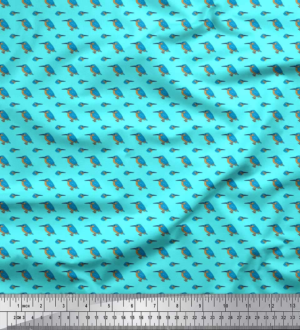 Soimoi Japanese Crepe Fabric - 42 Inch Wide Blue Kingfisher Bird Print Shirting Material by The Yard - Perfect for Dresses, Blouses, and DIY Sewing Projects