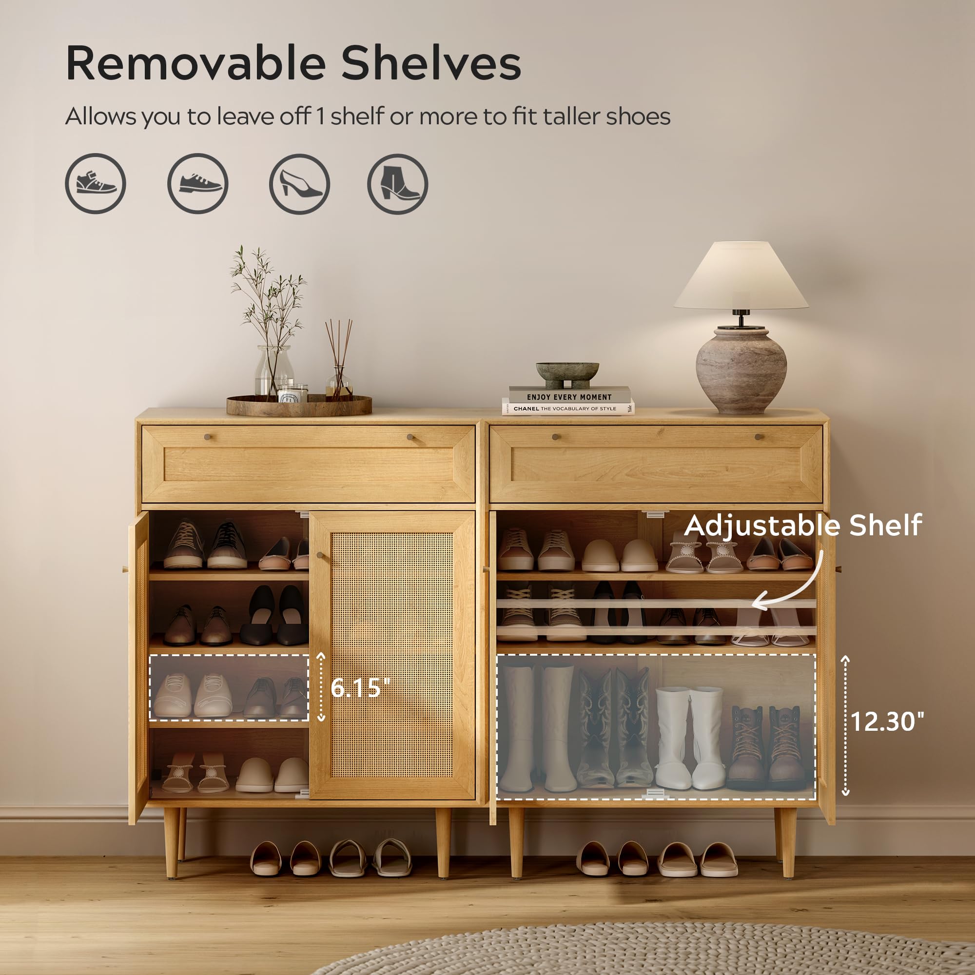 Modern Rattan Shoe Cabinet with Drawer & Doors - Large Freestanding Shoe Storage Organizer with Adjustable Shelves & Anti-Tip Design - 4-Tier Natural Oak Shoe Rack for Entryway, Bedroom, or Closet Organization - Farmhouse Style Home Decor