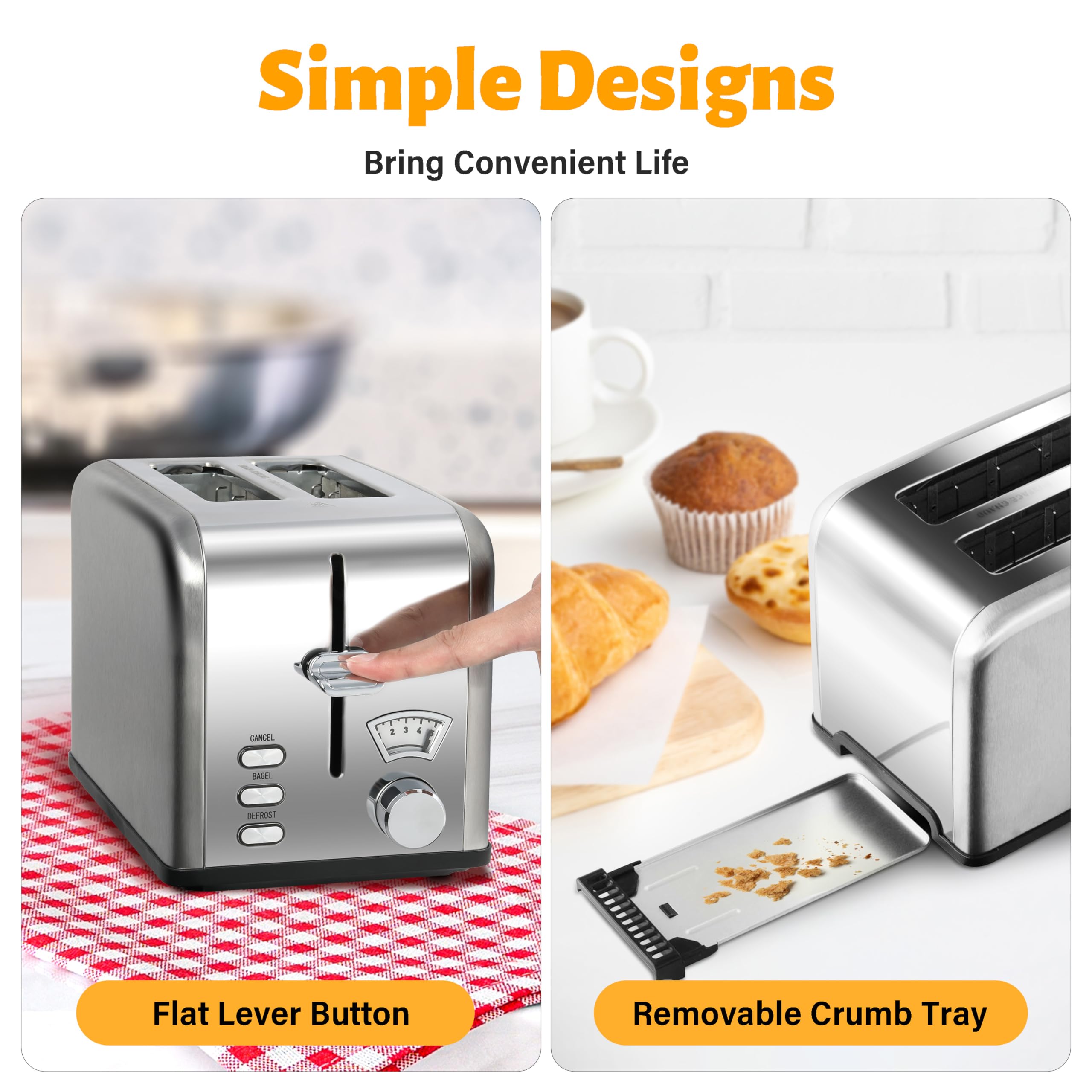 HealSmart 2 Slice Stainless Steel Toaster - Extra Wide Slots, Removable Crumb Tray, 5 Shade Settings | Bagel, Defrost & Cancel Functions | Retro Compact Design for Bread, Waffles, Bagels & Pastries | Perfect for Kitchens, Dorms, Offices & Small Spaces (Silver)