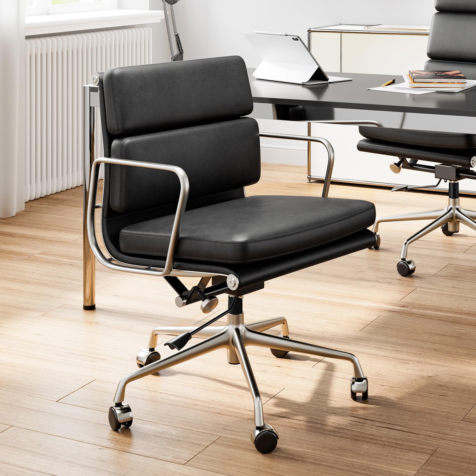 Premium Genuine Leather Office Chair - Mid Back Executive Desk Chair with Lumbar Support, Padded Arms & Smooth-Rolling Wheels - Ergonomic Aluminum Base Rolling Chair for Home Office, Conference Room & Workspace - Modern Black Leather Computer Chair for Professionals