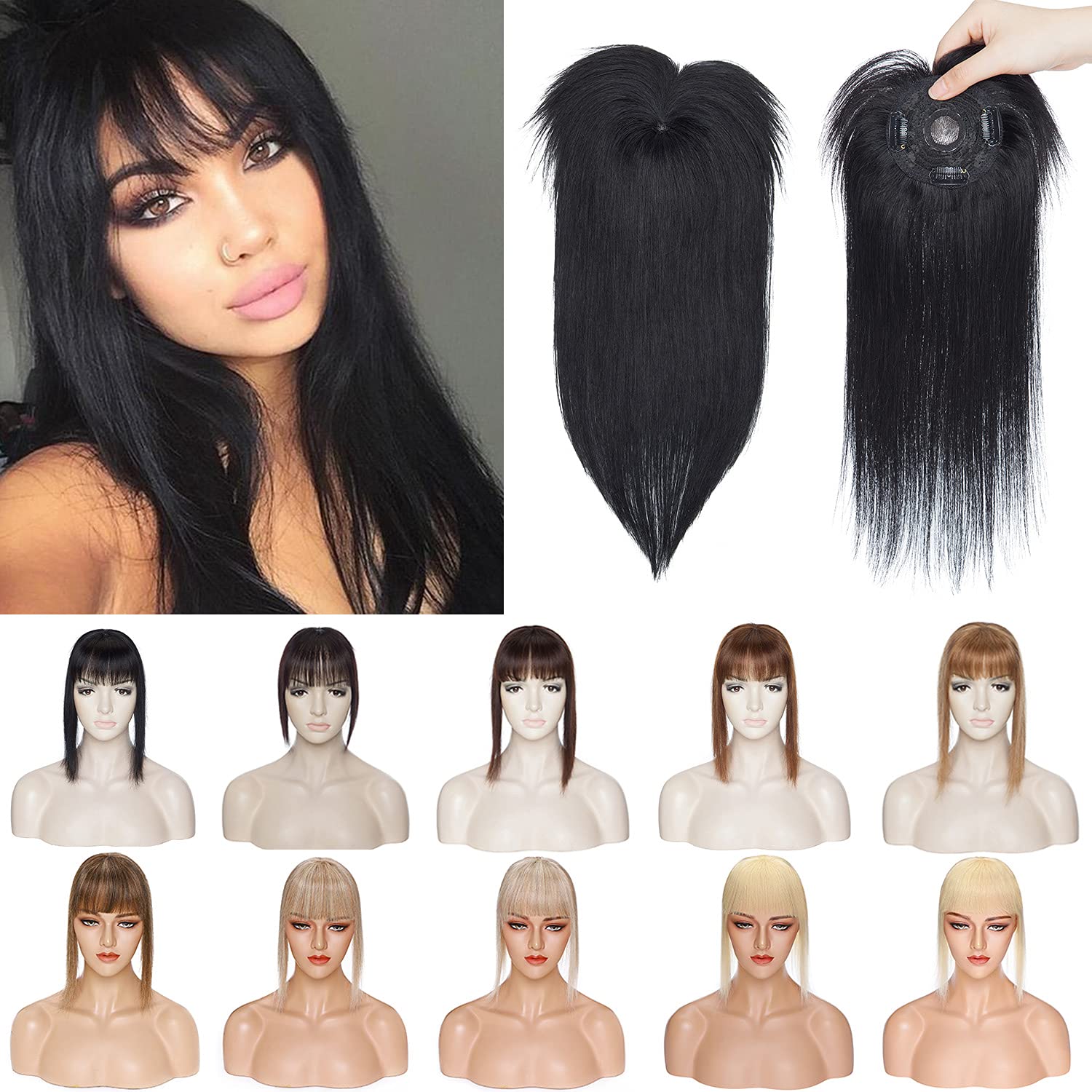 150% Density Human Hair Toppers with Bangs - Mono Base Clip-in Hairpiece for Women with Thinning Hair (10 Inch, Jet Black) | Natural Looking Hair Topper for Hair Loss & Gray Coverage - Perfect for Daily Wear, Work & Special Occasions