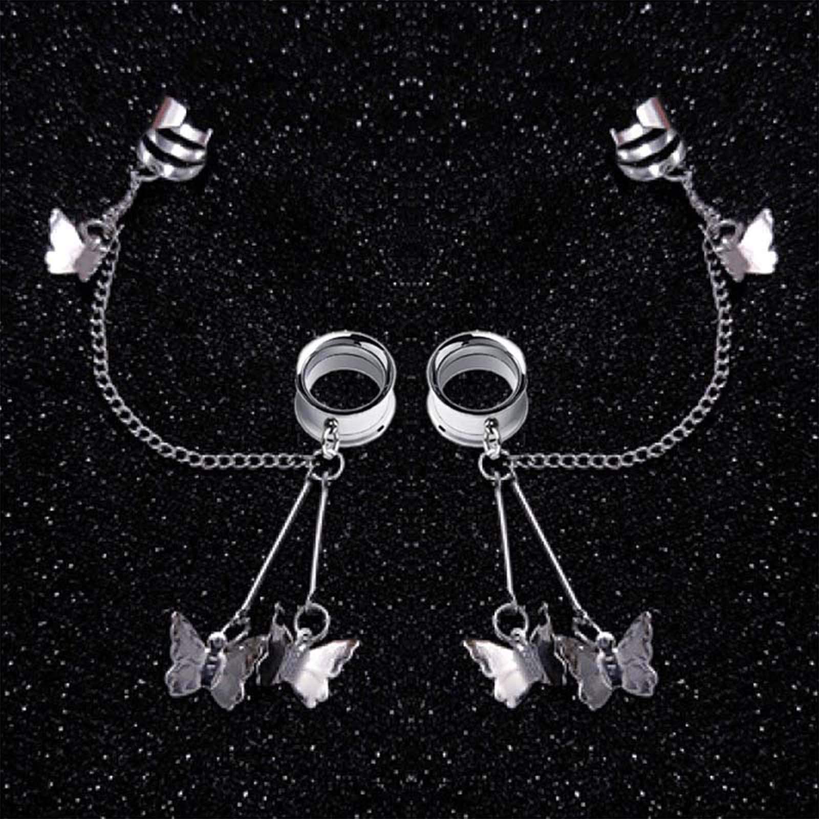 1 Pair Hip-Hop Ear Tunnels Plugs with Long Chain & Ear Cuff - Cool Bone Clip Earrings for Women - Trendy Party Jewelry - Perfect for Ear Piercing & Night Out Accessories