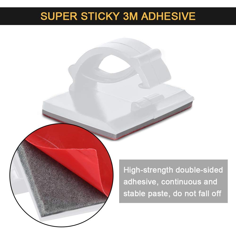 3M Self-Adhesive Cable Clips - 50pcs White Cord Organizers for Desk, Wall & Car Dash Cam Wire Management | Secure & Tangle-Free Cable Clamps for Home, Office & Vehicle Use