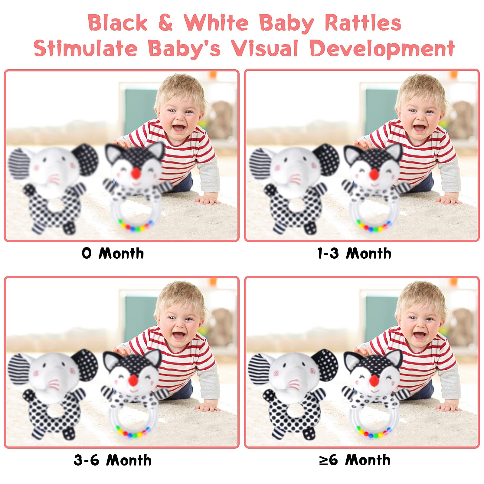 High Contrast Black & White Baby Rattles 0-12 Months - Newborn Sensory Toys for 0-3 6 9 12 Month Old Boys & Girls - Perfect for Early Visual Development & Tummy Time Play
