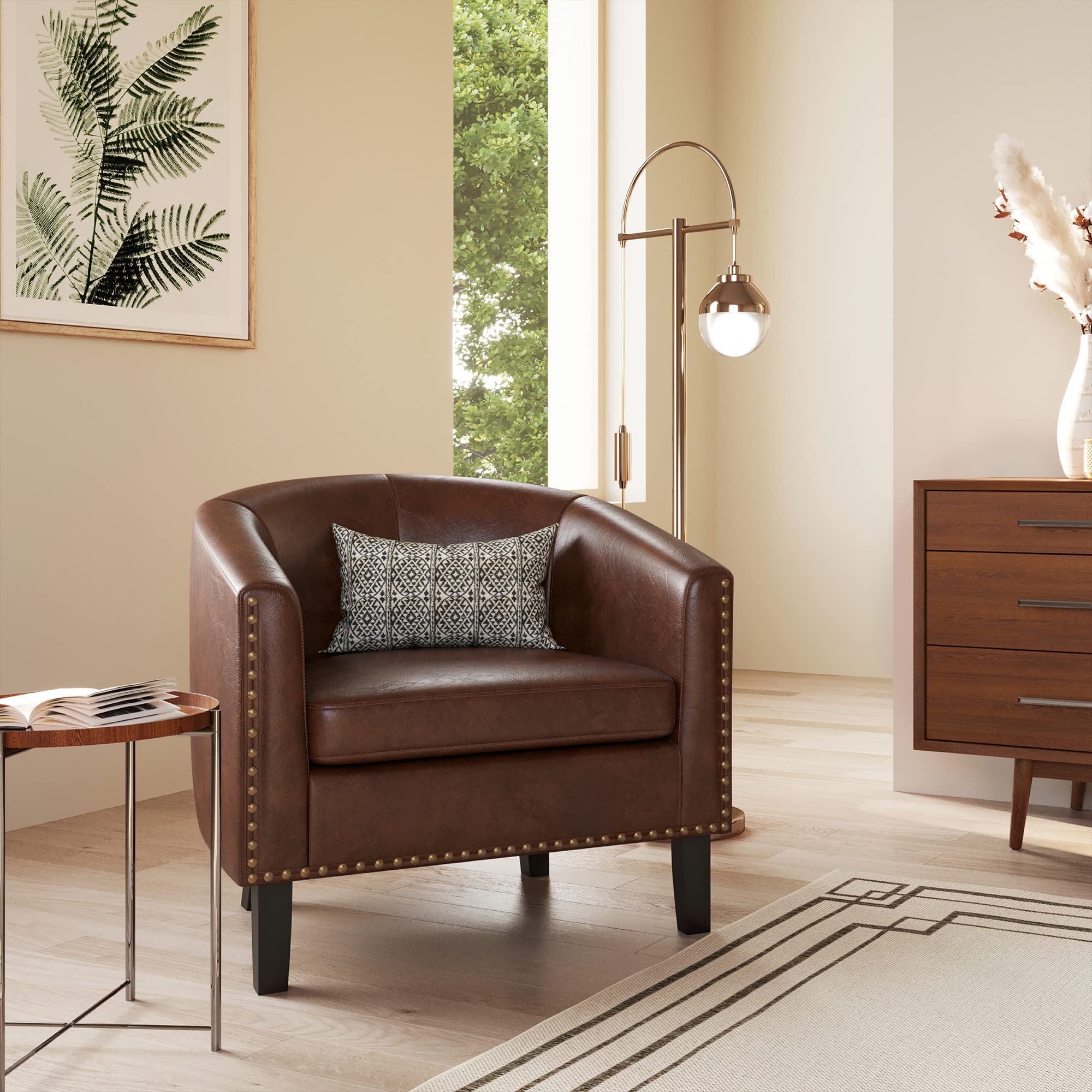 BELLEZE Modern Accent Barrel Chairs Set of 2 - Faux Leather Upholstered Tub Club Chairs with Gold Nail Head Trim & Black Legs for Living Room, Lounge, Bedroom - Kyara Brown (Perfect for Reading Nook, Coffee Corner or Cozy Conversation Area)