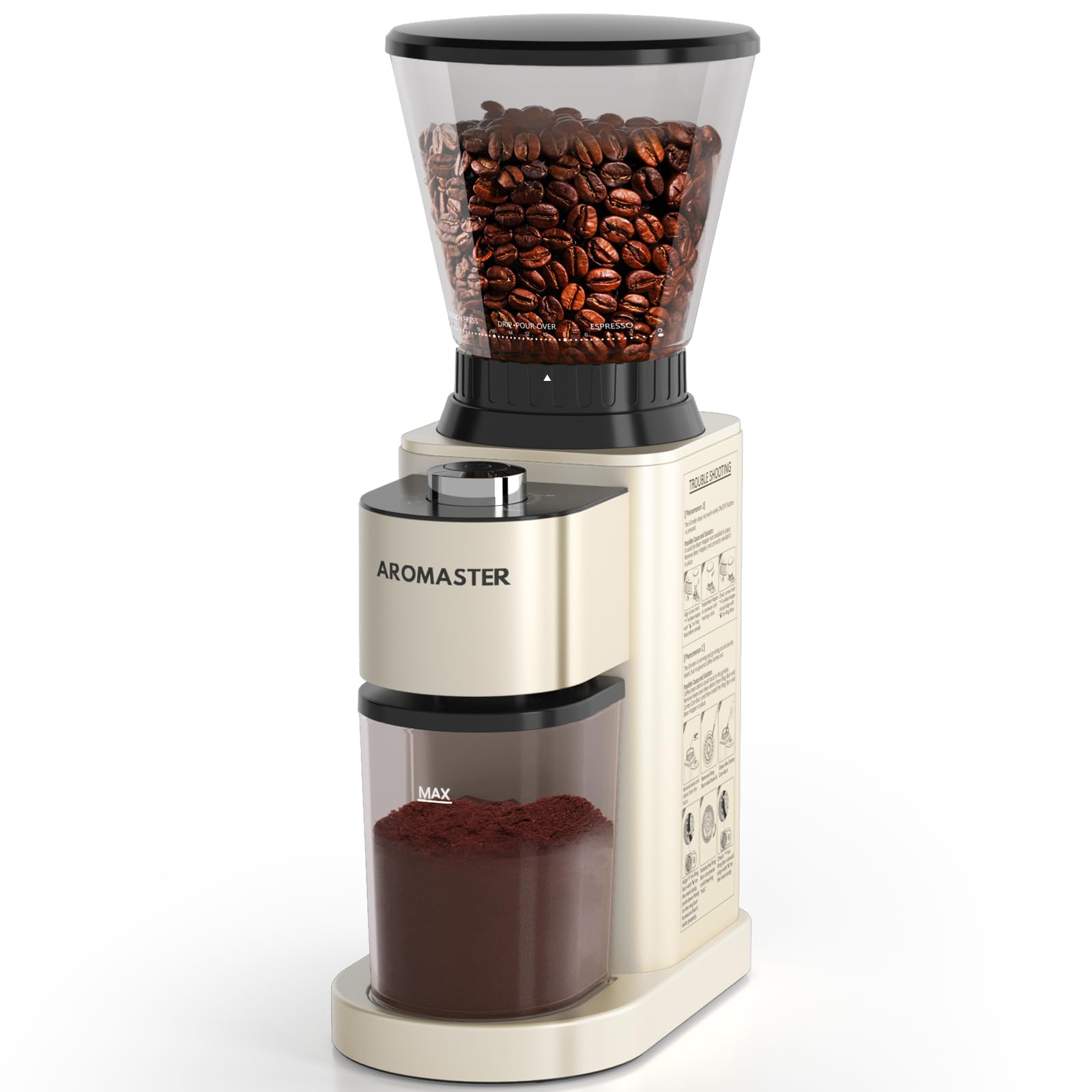 Aromaster Electric Burr Coffee Grinder - 48 Precise Grind Settings for Espresso, Pour Over, Cold Brew & French Press - Stainless Steel Coffee Bean Grinder (Beige) - Perfect for Home Kitchens, Offices & Coffee Shops