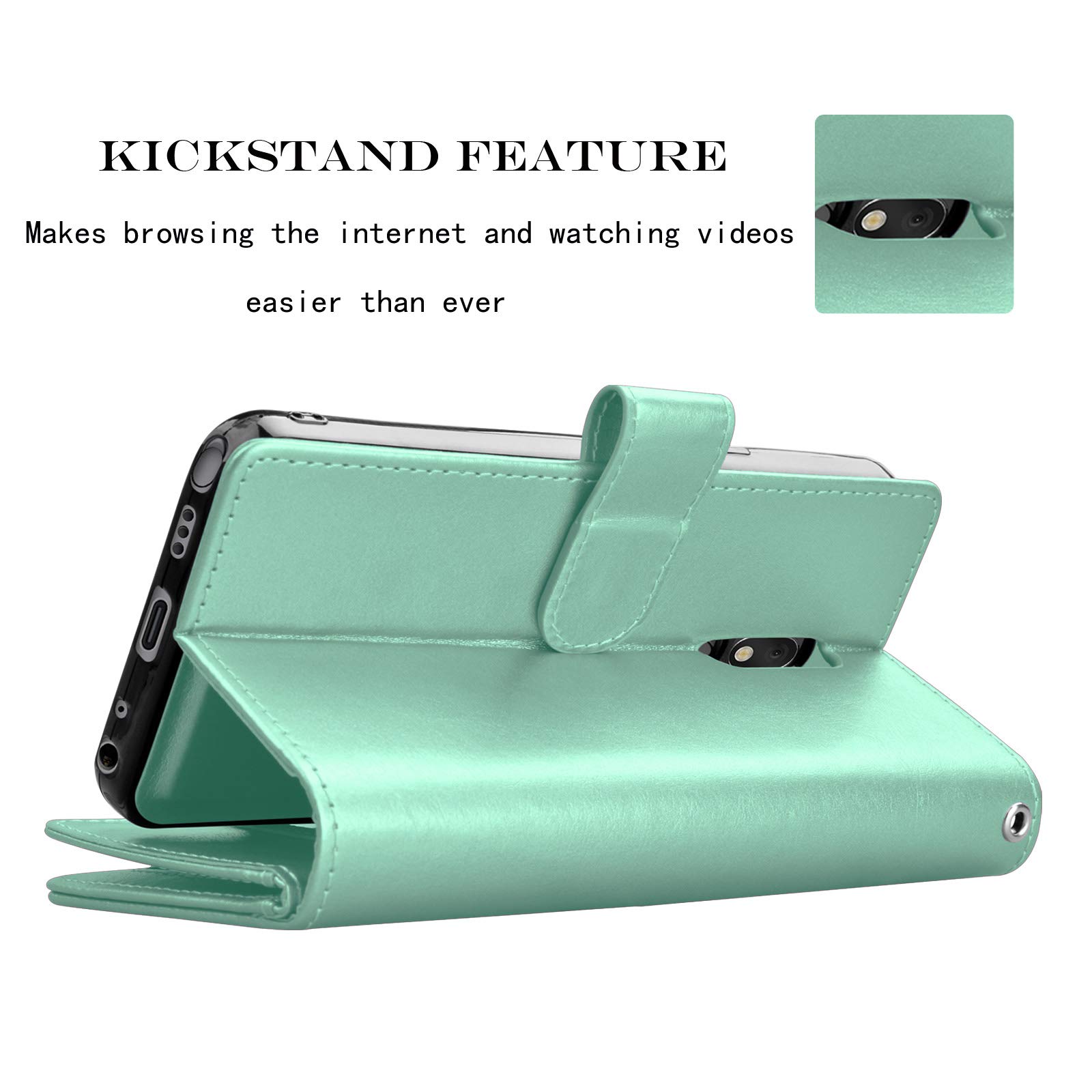 NJJEX Wallet Case for LG Stylo 5/5X/5V/5 Plus - PU Leather Folio Cover with 9 Card Slots, Detachable Kickstand & Magnetic Closure - Mint Green Phone Case for Work, Travel and Everyday Use