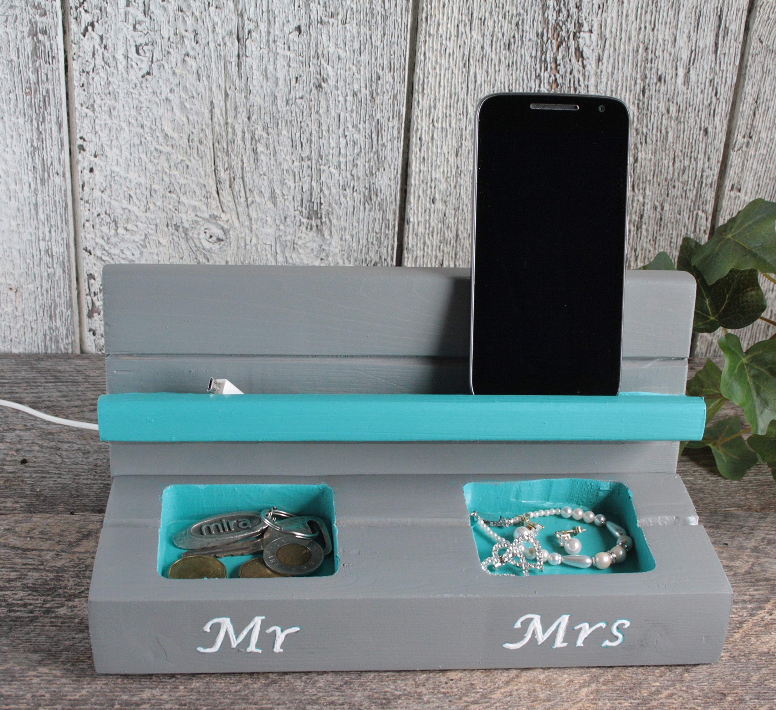 Handmade Gray & Turquoise Cell Phone Stand & Charging Station - Holds & Charges 2 Phones - Nightstand Organizer - Perfect Gift for Couples (Mr & Mrs) - Ideal for Bedroom, Office & Travel Accessories