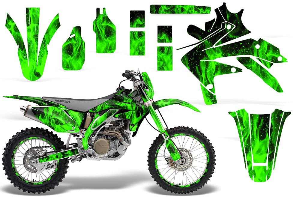 Premium MX Dirt Bike Graphics Kit - Flame Green Decal Sticker Set with Rim Trim & Number Plates for Honda CRF450X (2005-2015 Models) | Off-Road Racing & Motocross Customization