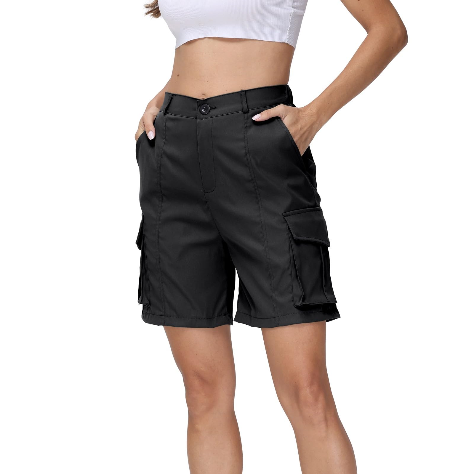 Women's Hiking Cargo Shorts - Summer Elastic Waist Bermuda Shorts with 6 Pockets for Outdoor, Golf & Casual Wear - Lightweight Quick-Dry Athletic Shorts for Hiking, Camping & Travel