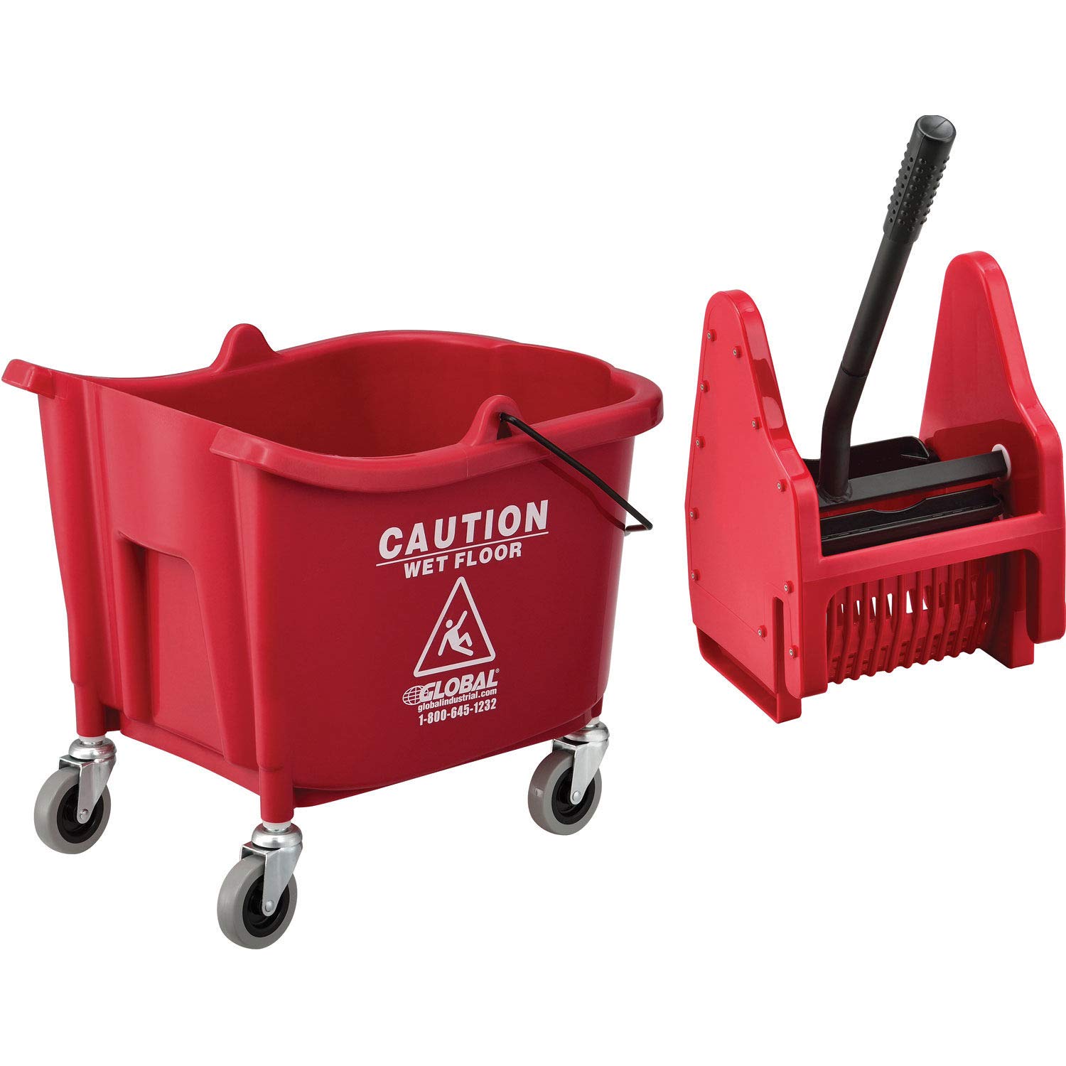 Global Industrial 38 Quart Mop Bucket with Wringer and Down Press - Heavy Duty Red Cleaning Bucket for Commercial & Home Use - Perfect for Janitorial, Floor Care, and Household Cleaning