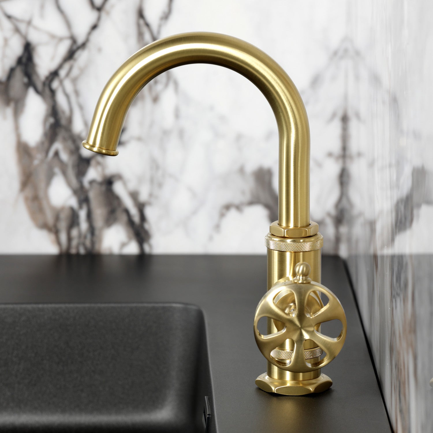 Belknap KSD2217RX Single Handle Bathroom Faucet with Deck Plate & Push Pop-Up Drain - Brushed Brass Finish for Modern Bathroom Sink Installation | Perfect for Home Renovation & Bathroom Upgrades