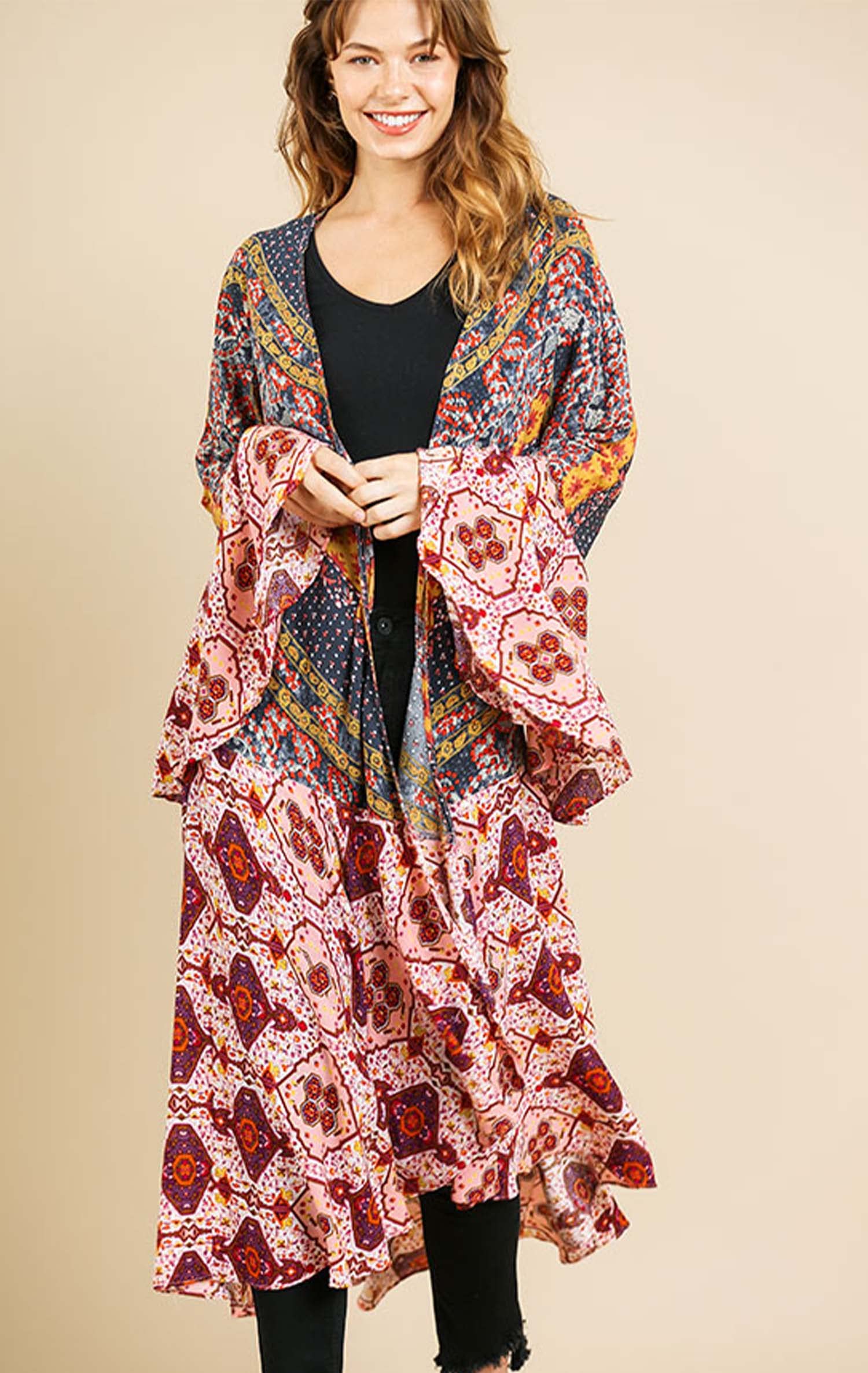 Umgee Women's Ruffled Long Kimono with Multicolored Print - Boho Chic Cover Up for Beach, Pool, or Summer Outfits