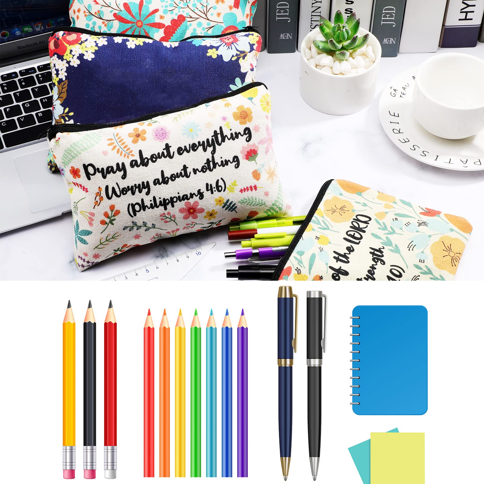 4 Pack Bible Verse Pencil Pouch - Christian Canvas Makeup Bag for Students & Office