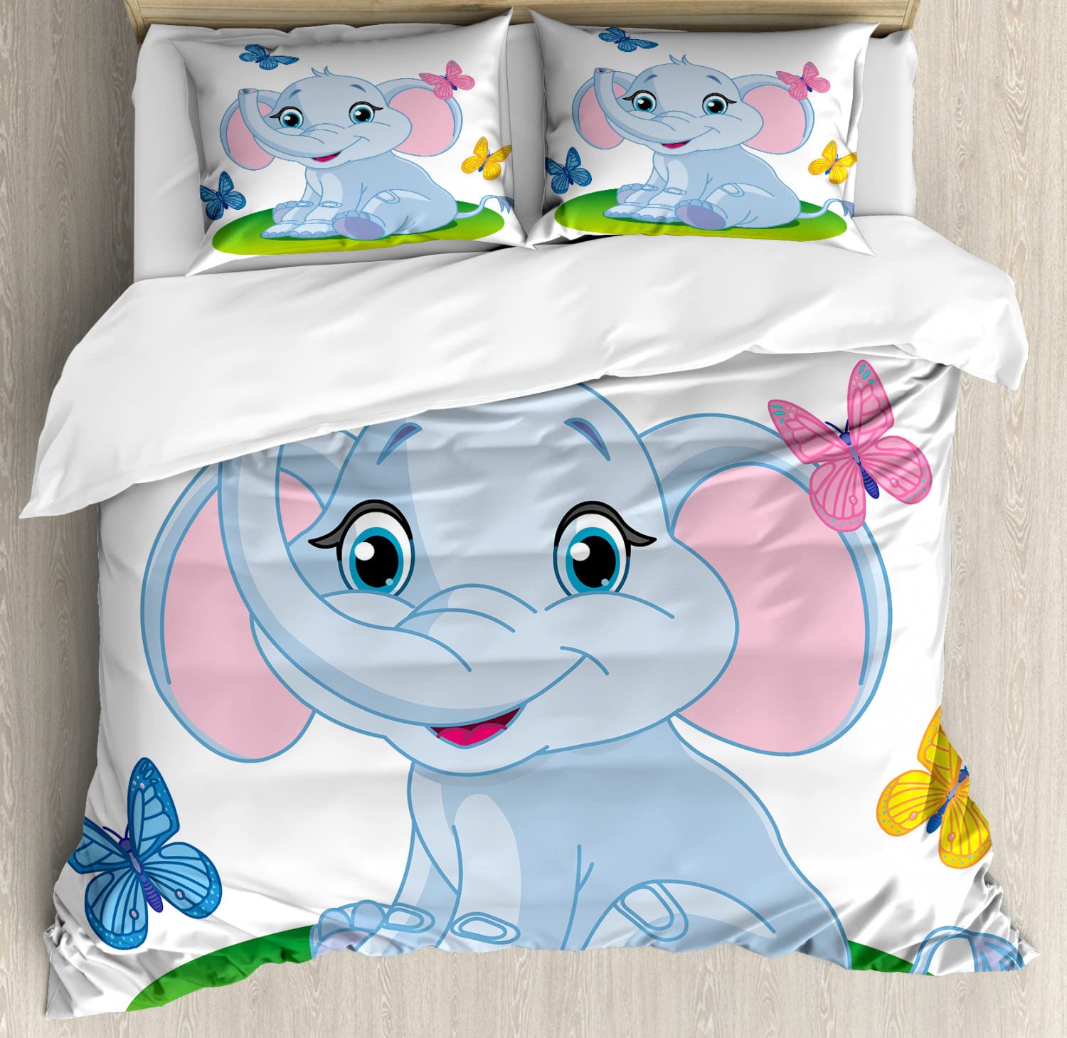 Ambesonne Cartoon Duvet Cover Set - Spring Meadow with Butterflies Design, 2-Piece King Size Bedding Set with 4 Pillowcases, Soft Pale Blue Green Pink - Perfect for Spring Bedroom Decor & Cozy Home Styling