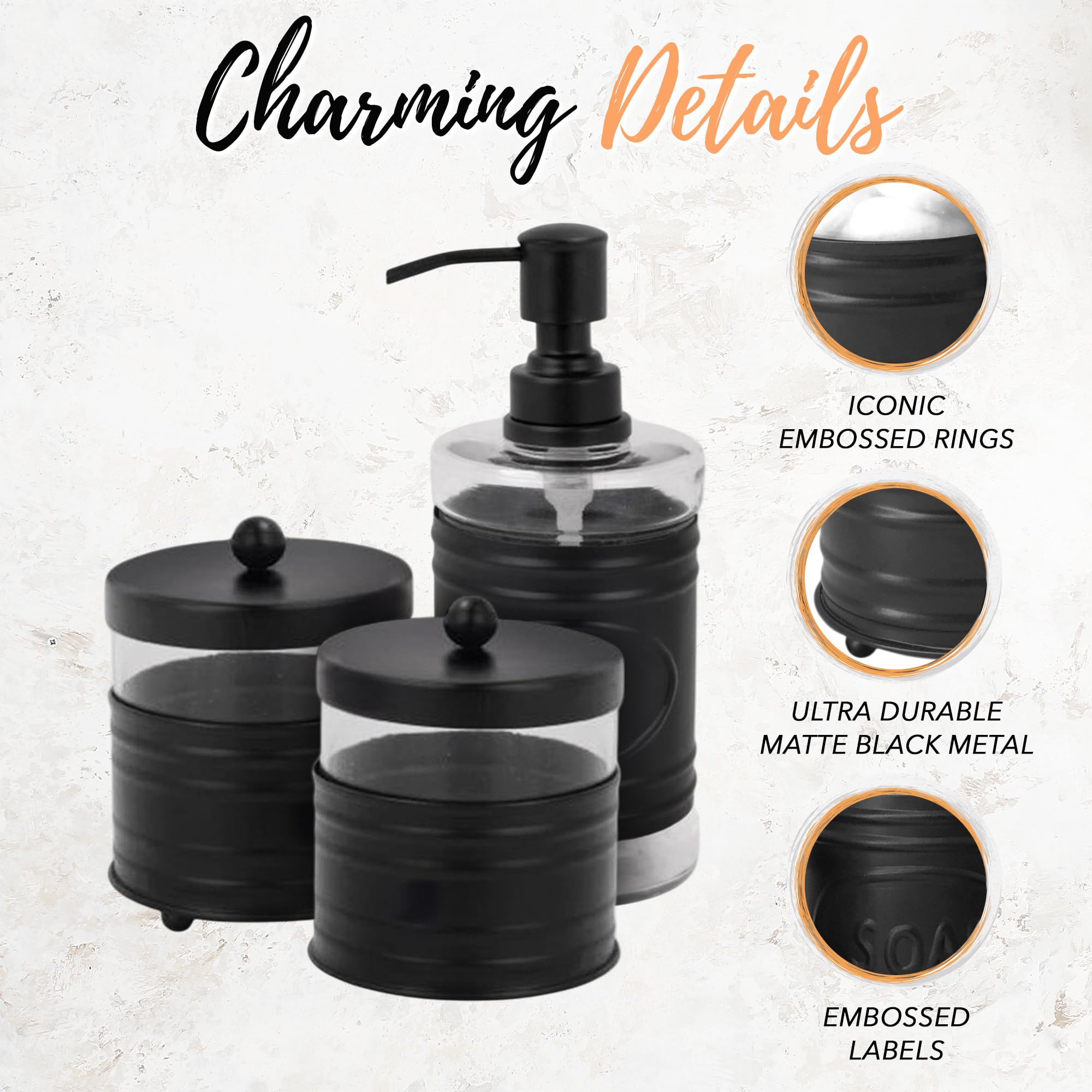 Modern Farmhouse Bathroom Accessory Set - 3-Piece Matte Black Soap Dispenser, Cotton Ball Holder & Q-Tip Organizer for Vanity - Rustic Bathroom Decor for Sink Countertop, Guest Bath & Farmhouse Style Homes