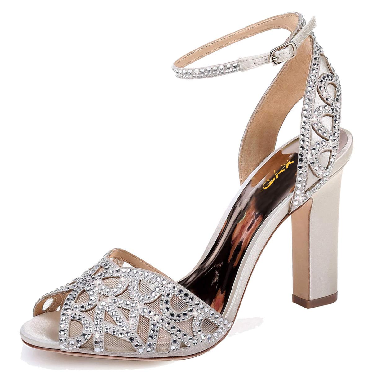 XYD Women's Rhinestone Peep Toe Sandals - Chunky High Heel Ankle Strap Slingback Mesh Dress Shoes for Wedding, Party & Dancing | Comfortable Evening & Prom Footwear