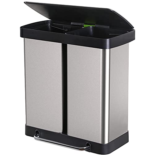 HKELI 16 Gallon/60L Dual Compartment Stainless Steel Step Trash Can & Recycle Bin - Fingerprint Proof Brushed Finish for Office, Kitchen, Bedroom, Bathroom - Large Capacity Waste Separation Solution for Home & Commercial Use