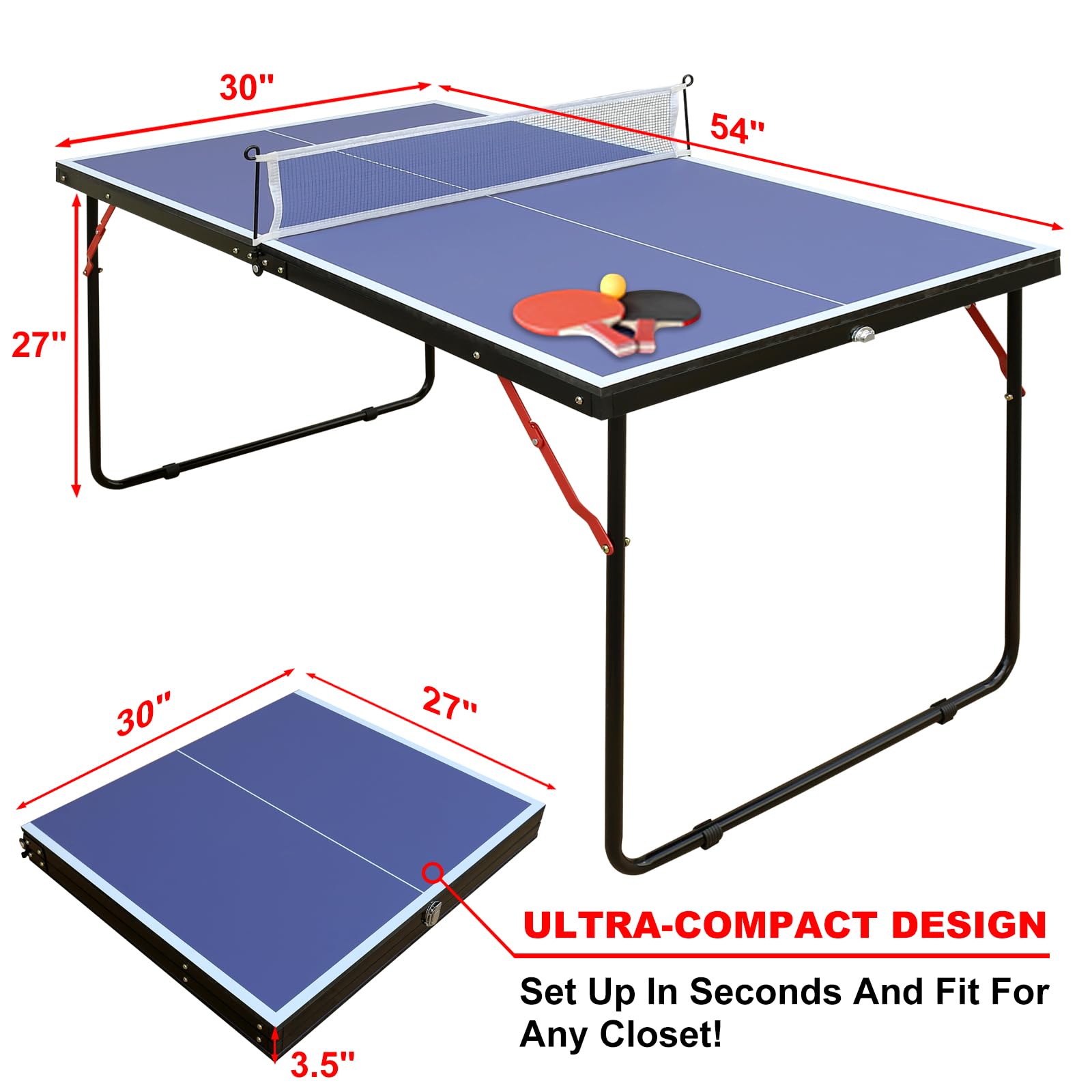 4.5ft Foldable & Portable Mid-Size Ping Pong Table Set with 2 Paddles & 3 Balls - Indoor/Outdoor Use for Home, Office, Backyard, and Recreation Centers