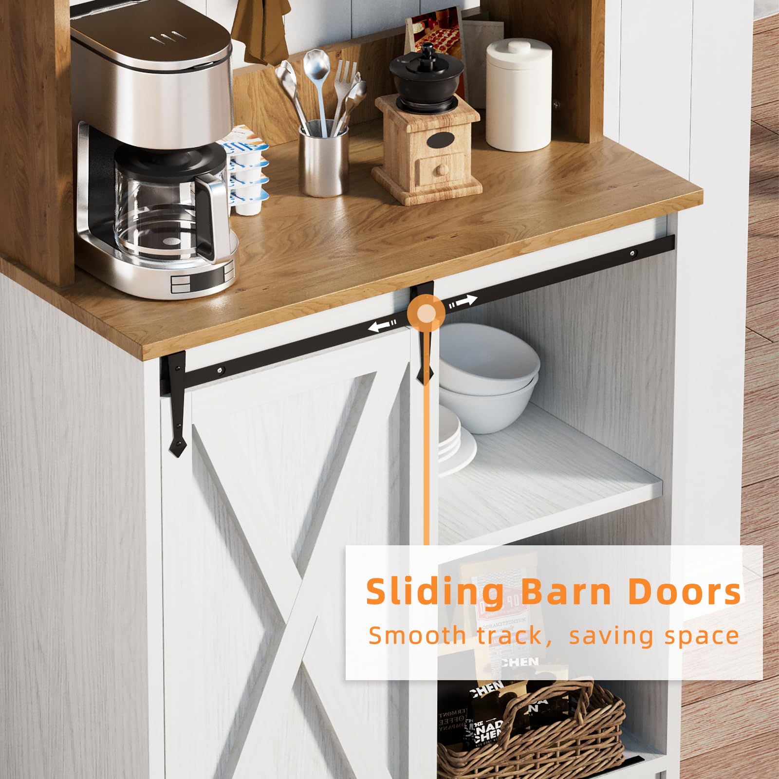 Farmhouse Coffee Station with 3-Tier Storage Hutch & 6 Hooks - 56 Inch Rustic Coffee Bar Table with Adjustable Shelves for Kitchen, Living Room or Dining Room - Perfect for Organizing Mugs, Coffee Supplies & Decor