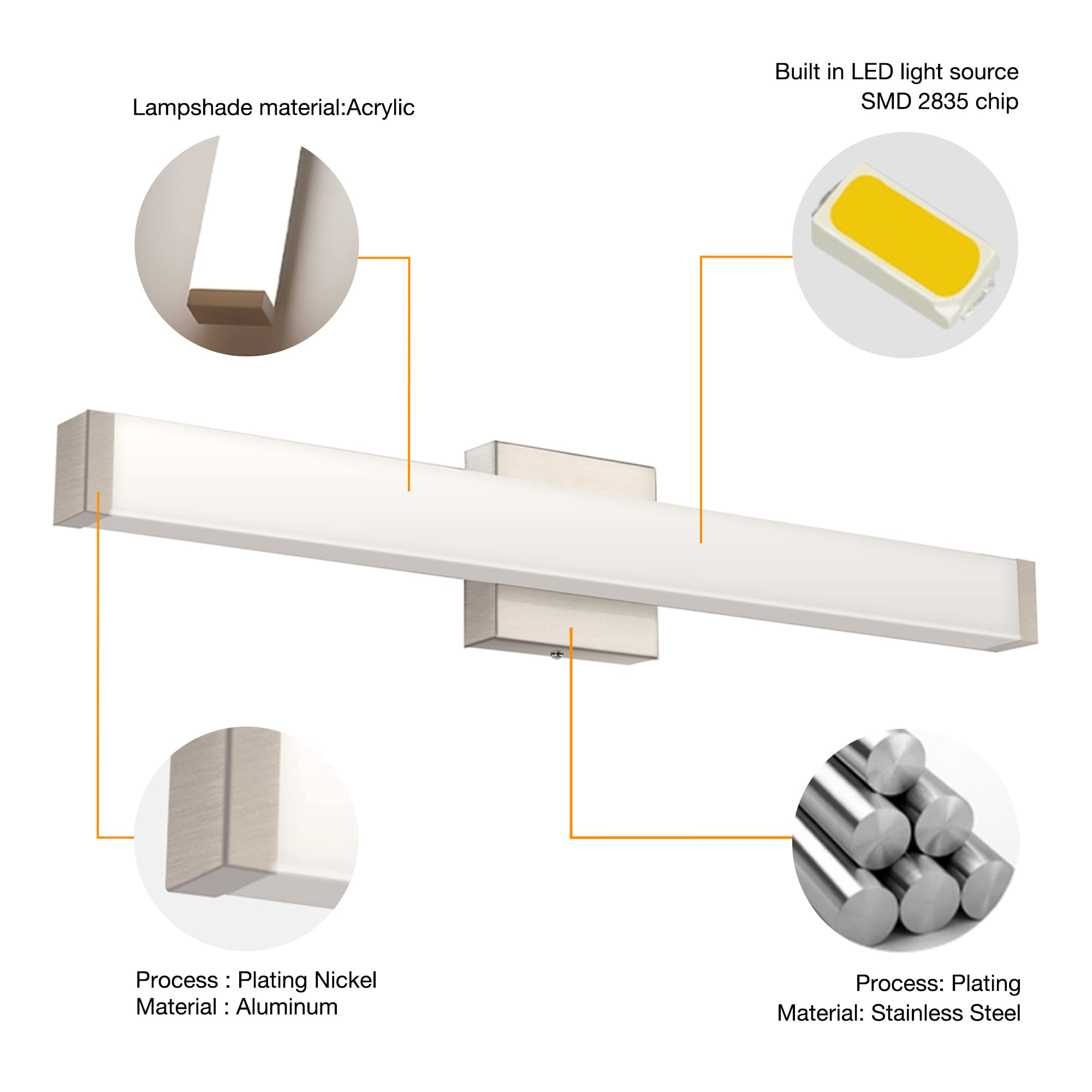 33.5 Inch Brushed Nickel Square LED Bathroom Vanity Light - 18W 4000K Natural White Wall Bar Lighting Fixture for Mirror - Perfect for Modern Bathrooms, Powder Rooms & Dressing Areas
