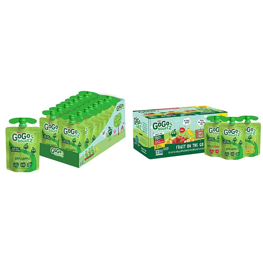 GoGo squeeZ Unsweetened Fruit Pouches - Apple, Banana & Strawberry Variety Pack (20 Count, 3.2 oz Each) | Healthy On-the-Go Snacks for Kids | Perfect for School Lunches, Road Trips & After-School Activities