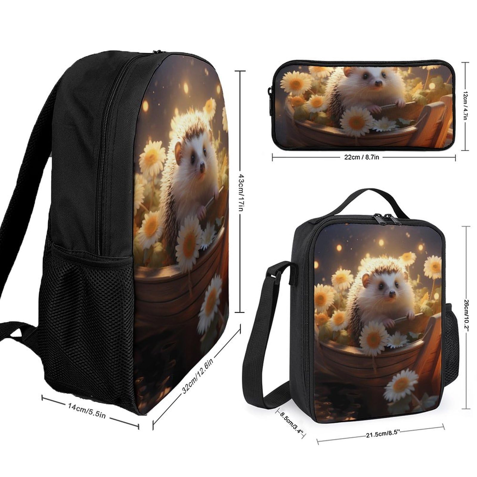 17 Inch Lightweight Laptop Backpack Set for Men & Women - 3PCS with Lunch Box & Pencil Case | Perfect for Work, School & Travel | Hedgehog Boat Backpack