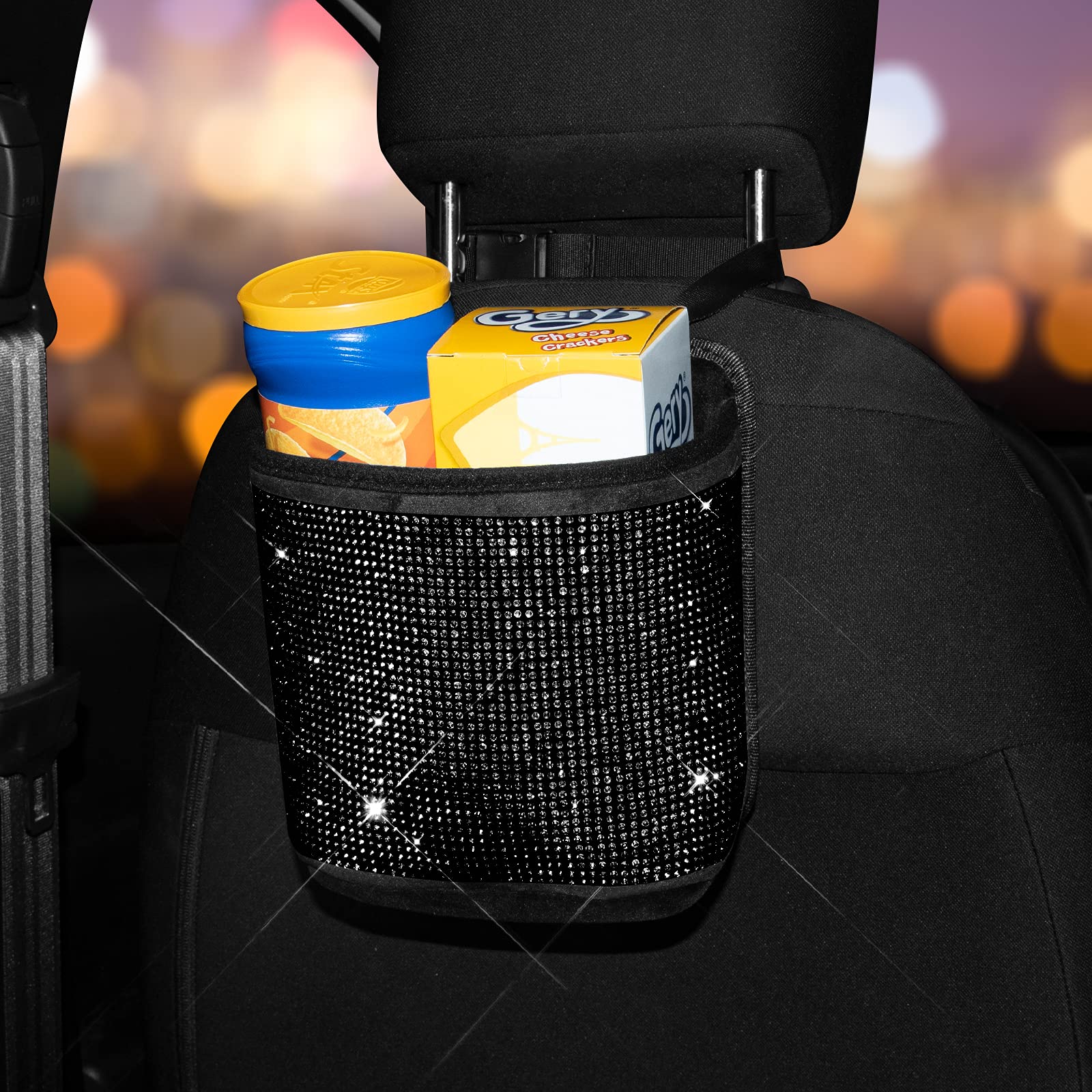 Premium Bling Crystal Car Seat Organizer - Front & Back Seat Travel Caddy Bag with Garbage Pocket - Diamond Car Accessory (1-Pack, Black) - Perfect for Road Trips, Commuting & Family Travel Organization