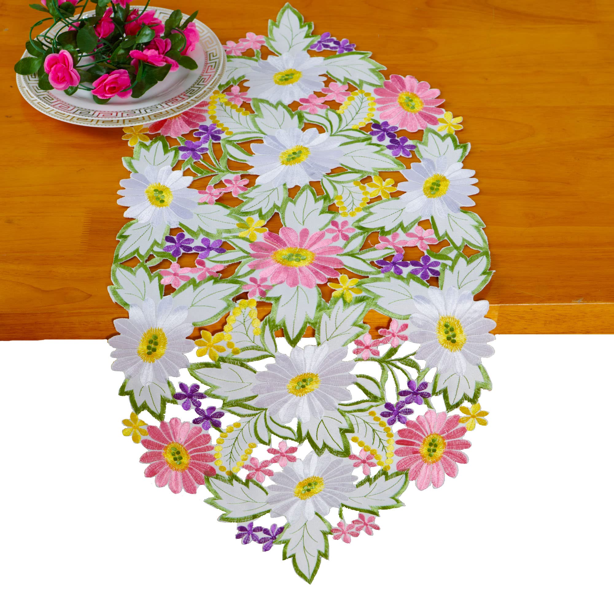 Spring Daisy Embroidered Table Runner - 13x34 Inch Floral Linen Tablecloth for Dining Room Decor, Wedding & Spring Party Decoration