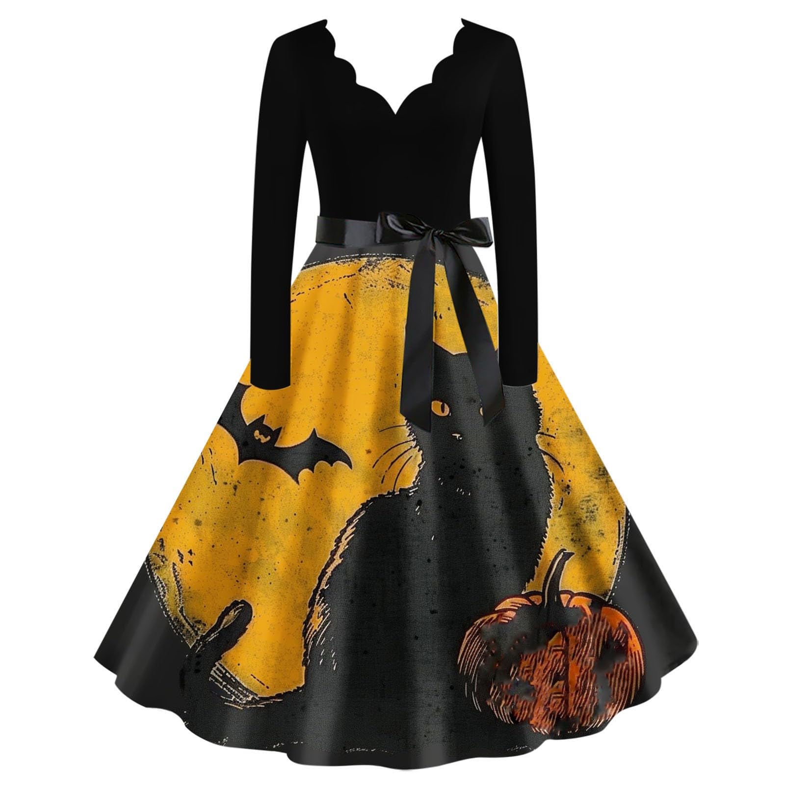 1950s Vintage Retro Dresses for Women - V-Neck Swing Dress with Halloween Print, Long Sleeve Cocktail Party Dress - Perfect for Halloween Costumes, Vintage Themed Parties & Retro Fashion Events