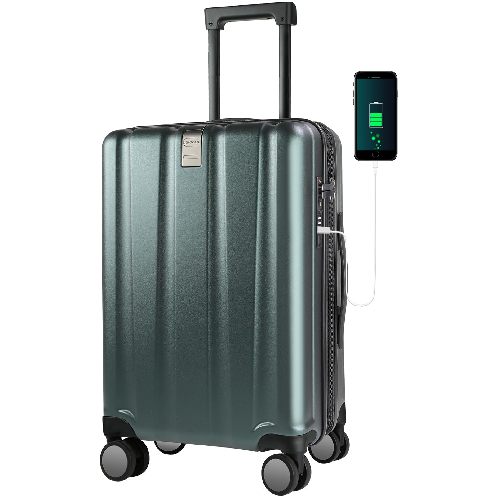 KROSER 20-Inch Hardside Expandable Carry On Luggage with 360° Spinner Wheels, TSA Lock & USB Charging Port - Durable Rolling Suitcase for Air Travel, Business Trips & Weekend Getaways (Dark Green)