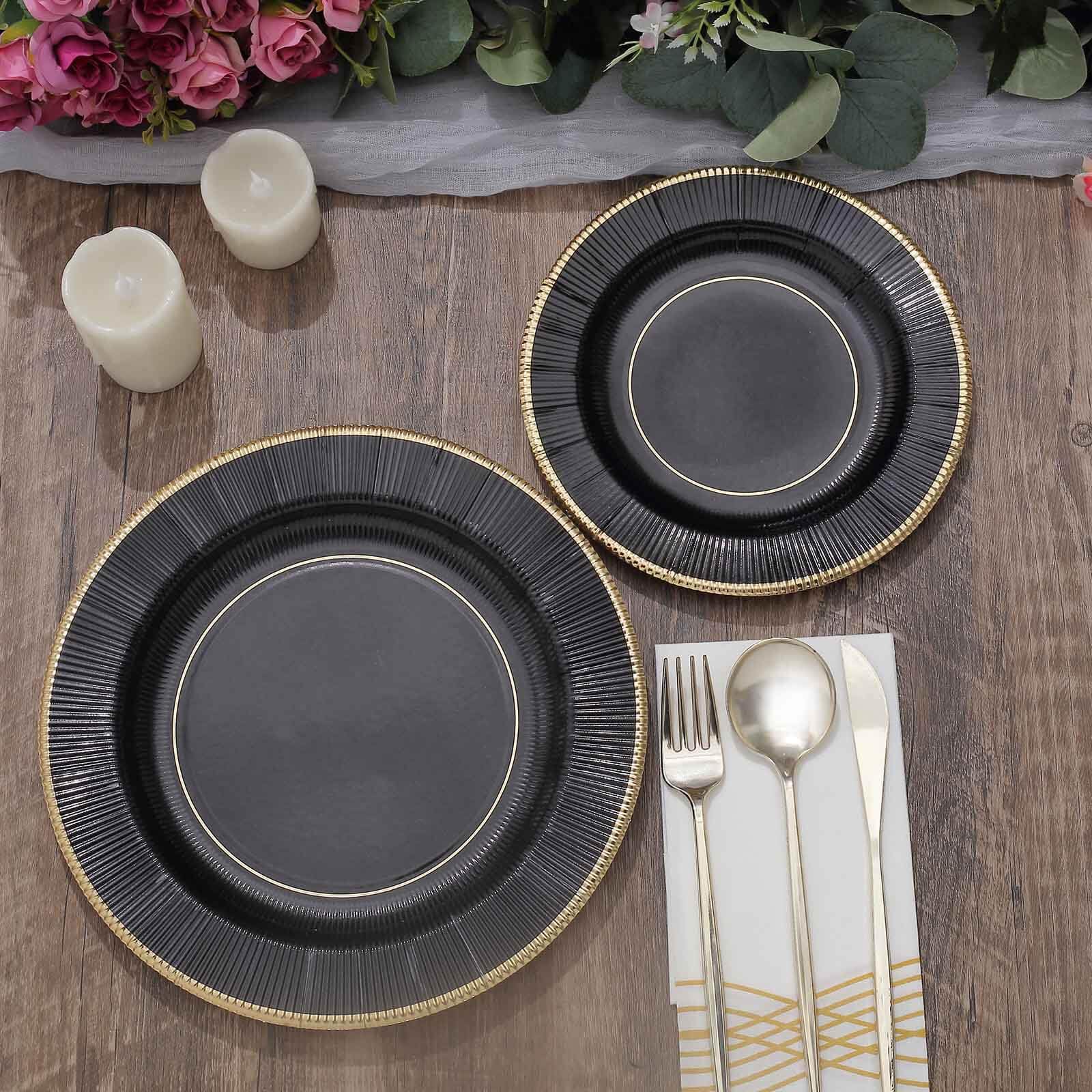 Efavormart 25 Pack Metallic Black Sunray 10 Inch Disposable Dinner Plates - Heavy Duty 350 GSM for Parties, Weddings, and Special Events