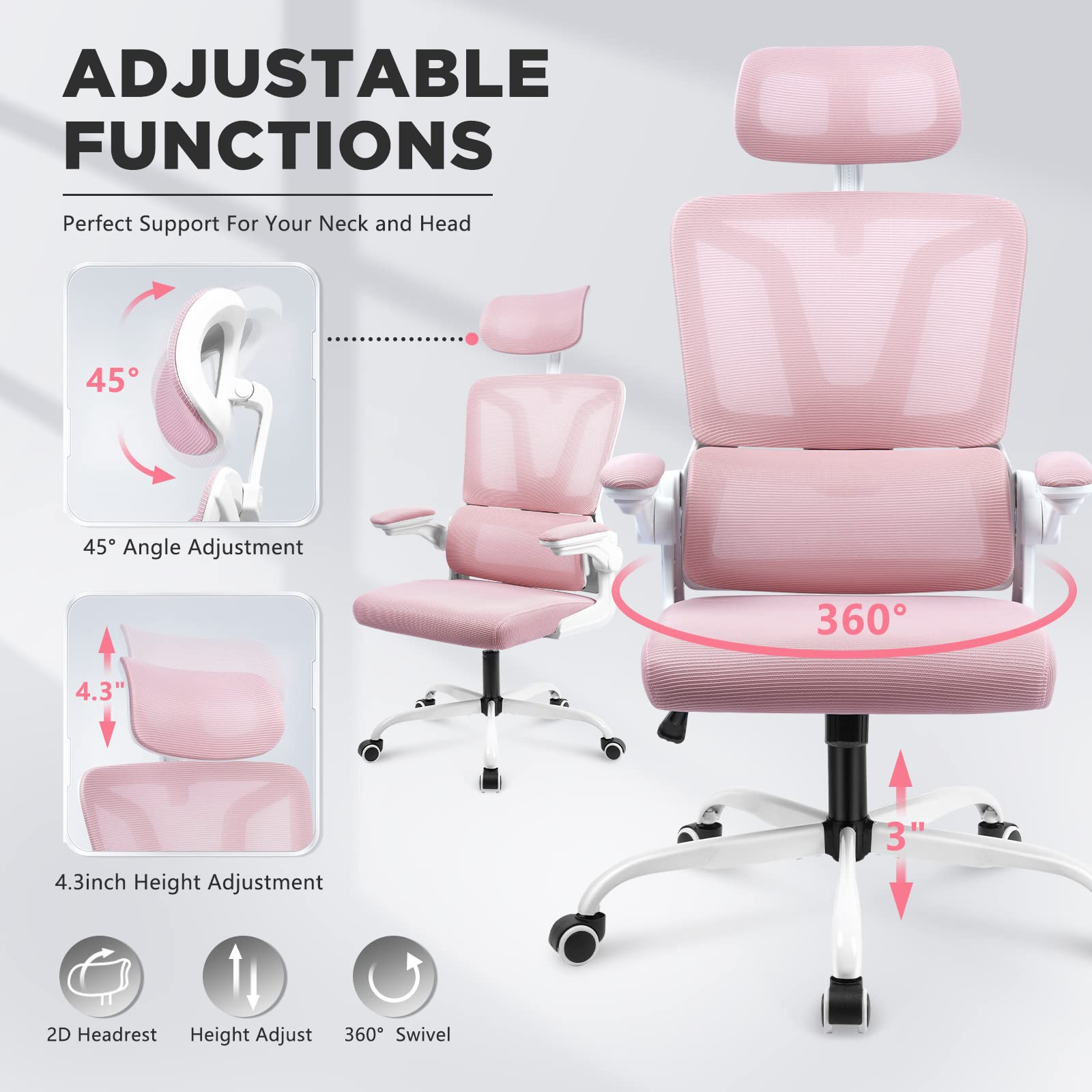 Soontrans Pink Ergonomic Office Chair with Lumbar Support Pillow - Adjustable Mesh Computer Chair with Headrest & Armrests - Comfortable Swivel Desk Chair for Home Office, Gaming & Workspace