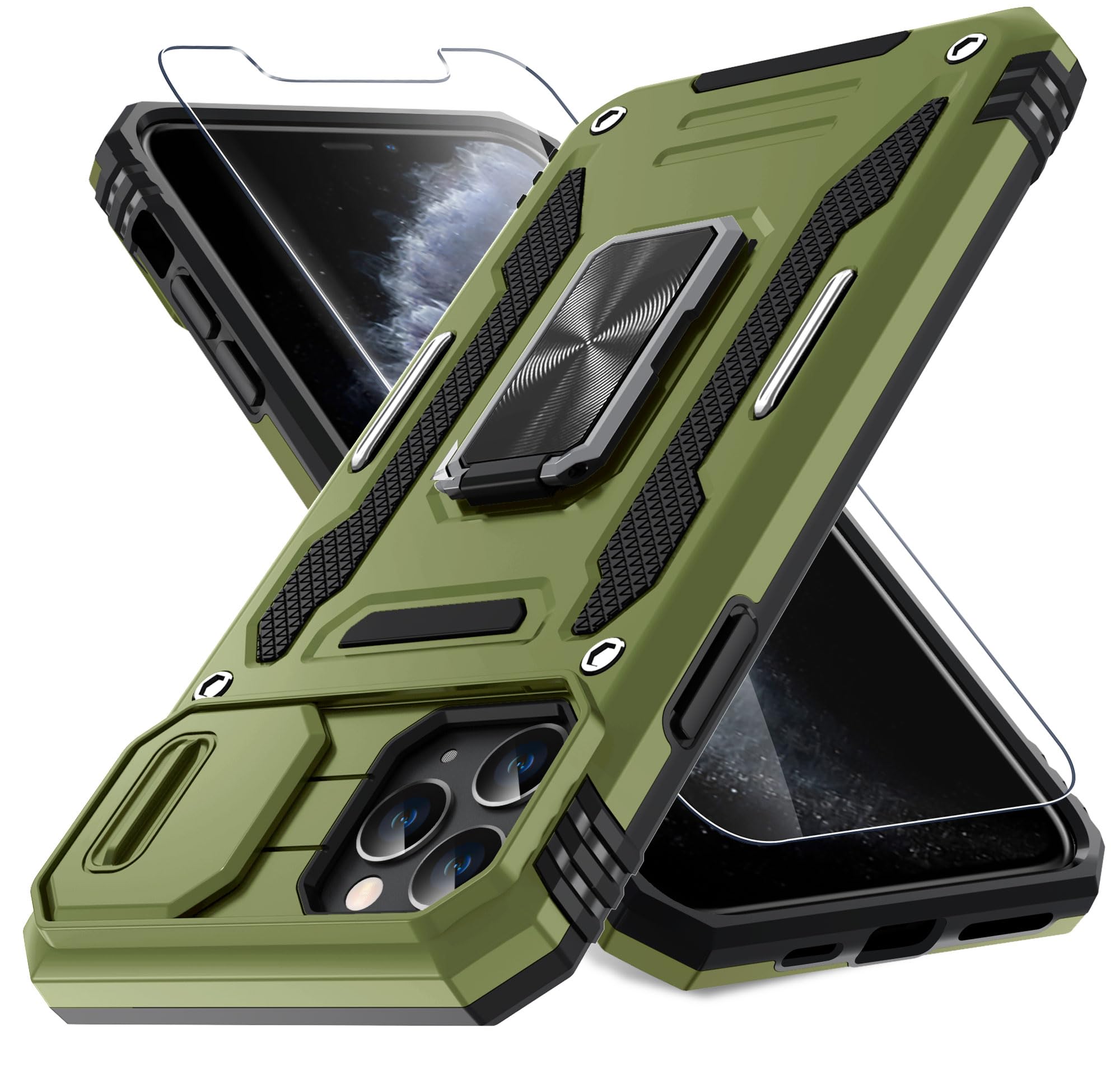 DEERLAMN iPhone 11 Pro Max Case with Slide Camera Cover & Screen Protector (6.5 Inch) - Military Grade Shockproof Protective Cover with Rotating Ring Kickstand in Olive Green | Perfect for Outdoor Activities, Travel & Daily Protection