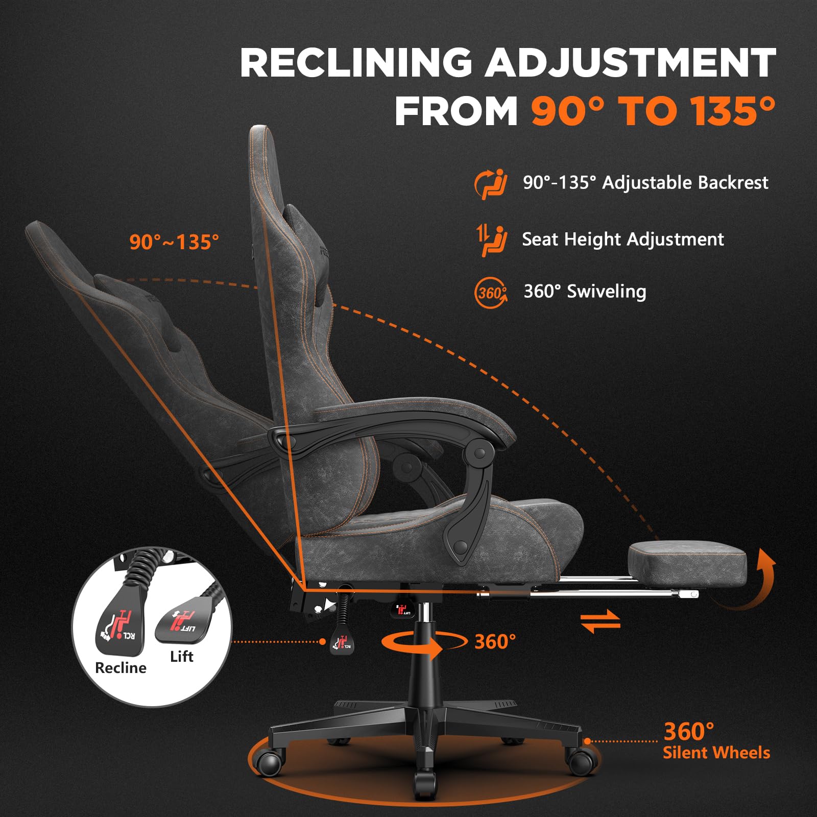 Vintage PU Leather Gaming Chair with Massage & Footrest - Ergonomic High Back Office Computer Chair for Adults, Racing Style Reclining Video Game Chair (Steel Gray) - Perfect for Home Office, Gaming Setup & Streaming Studio