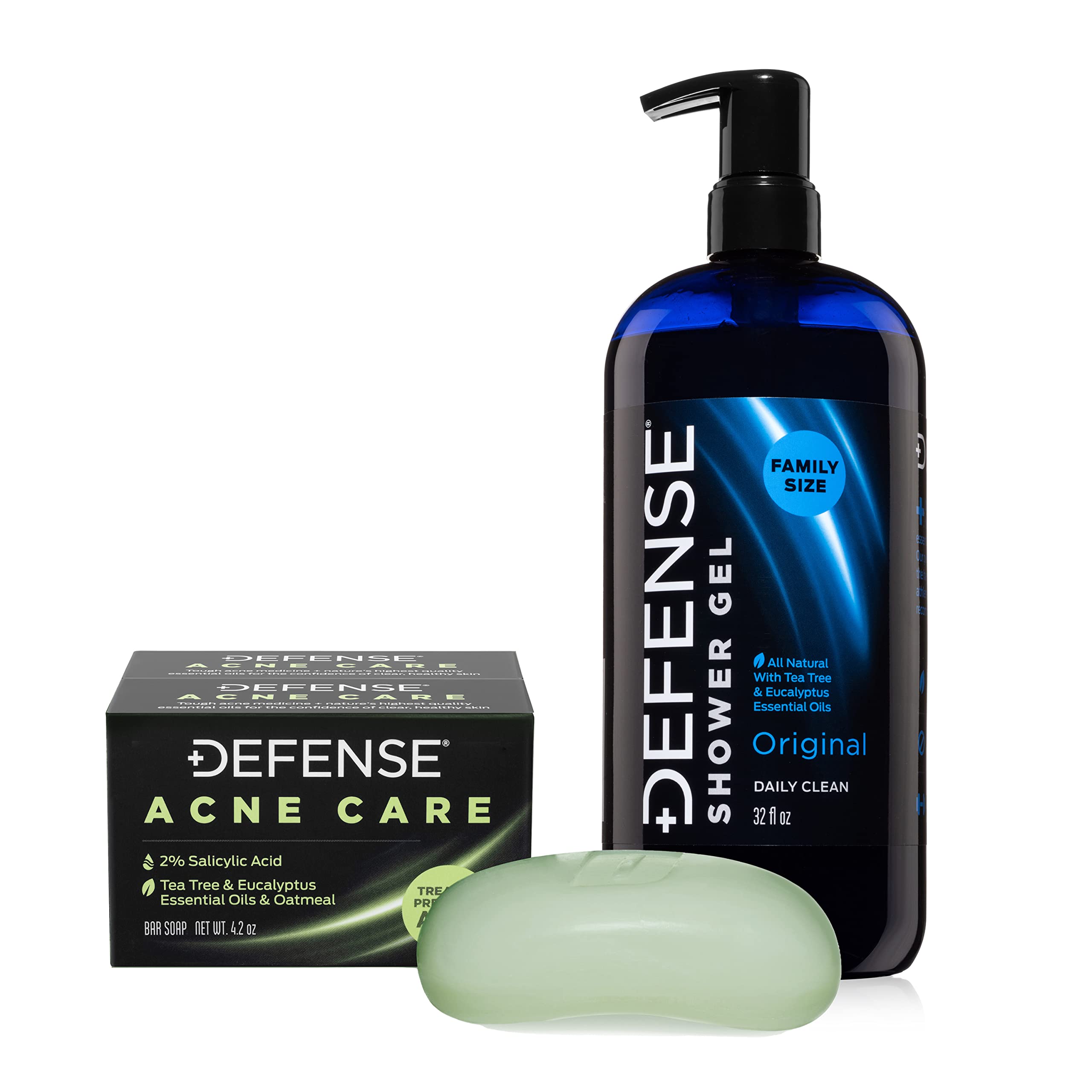 Defense Acne Care Bar Soap 4.2oz with 2% Salicylic Acid (2-Pack) & Natural Body Wash 32oz - Gentle Shower Gel for Face & Body - Perfect for Daily Acne Treatment & Skin Cleansing