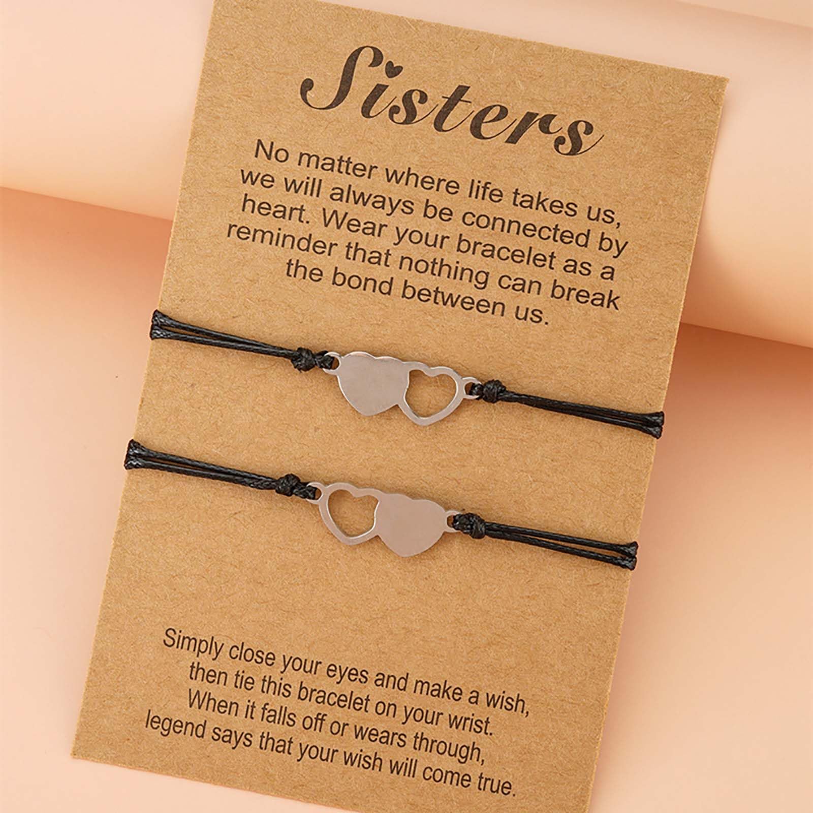 Matching Heart Wish Bracelets Set for Sisters - Adjustable Sister Bracelets Jewelry Gifts (Perfect for Birthdays, Anniversaries & Best Friend Gifts)