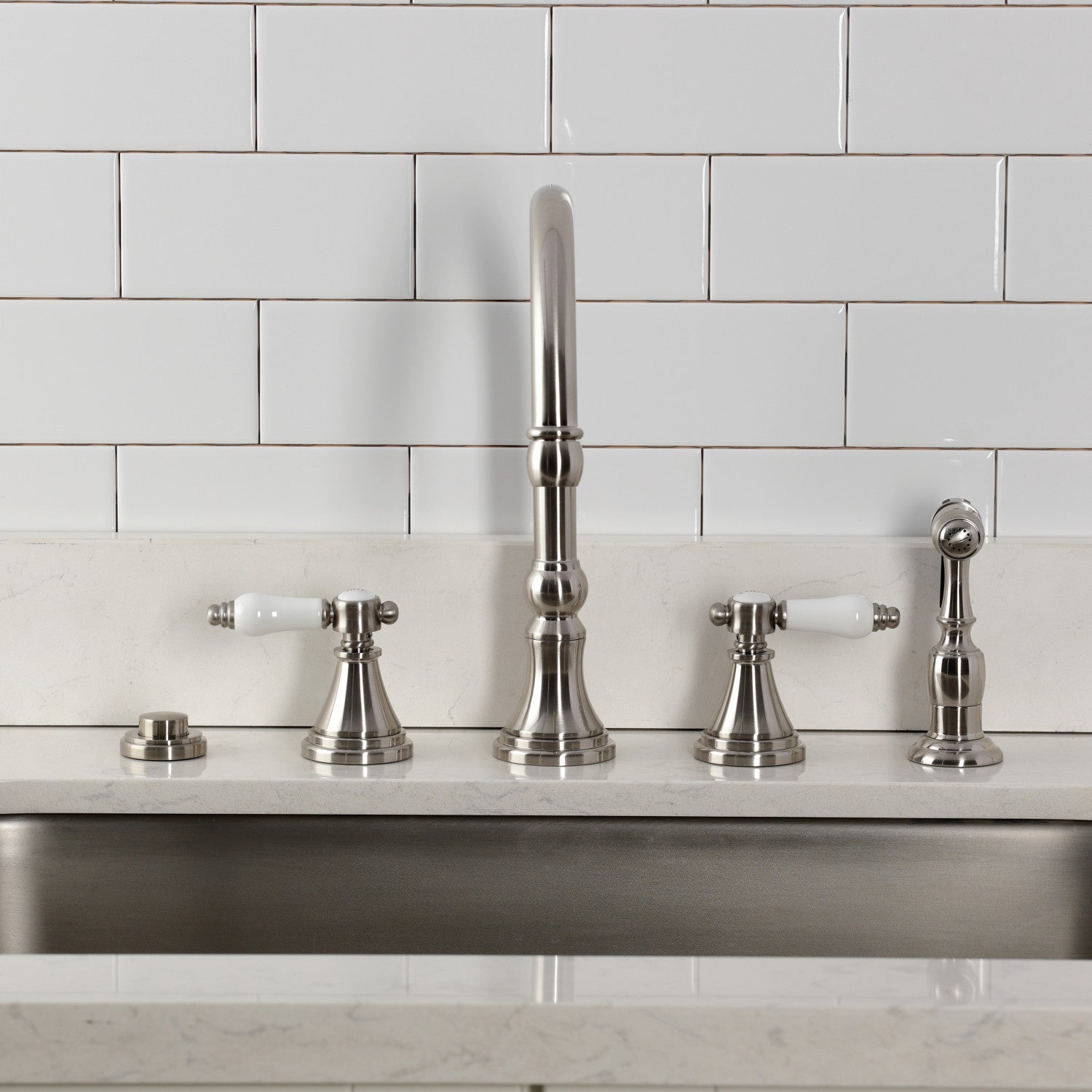 Bel Air KS2798BPLBS Brushed Nickel Double Handle 4-Hole Widespread Kitchen Faucet with Brass Pull-Down Sprayer - Perfect for Modern Farmhouse & Commercial Kitchens