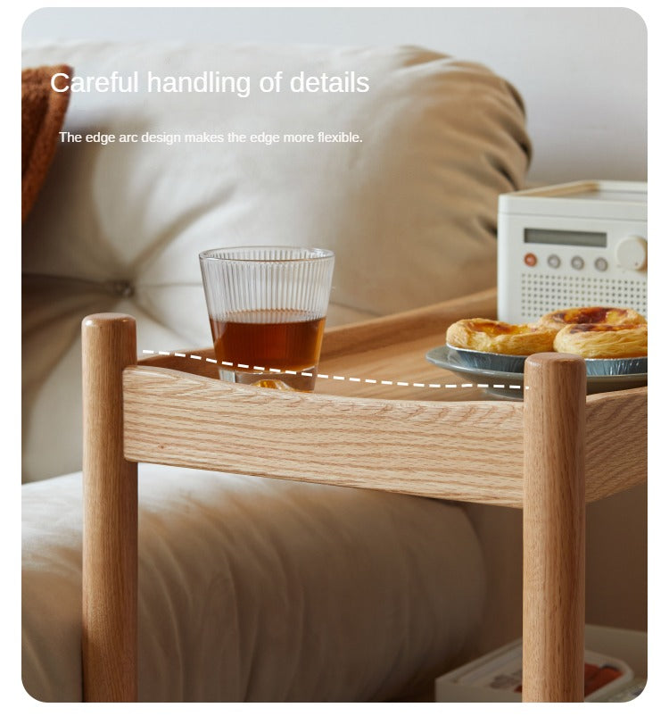 Solid Oak Wood Rolling Cart - Mobile Side Table with Wheels for Living Room, Bedroom, or Office Use