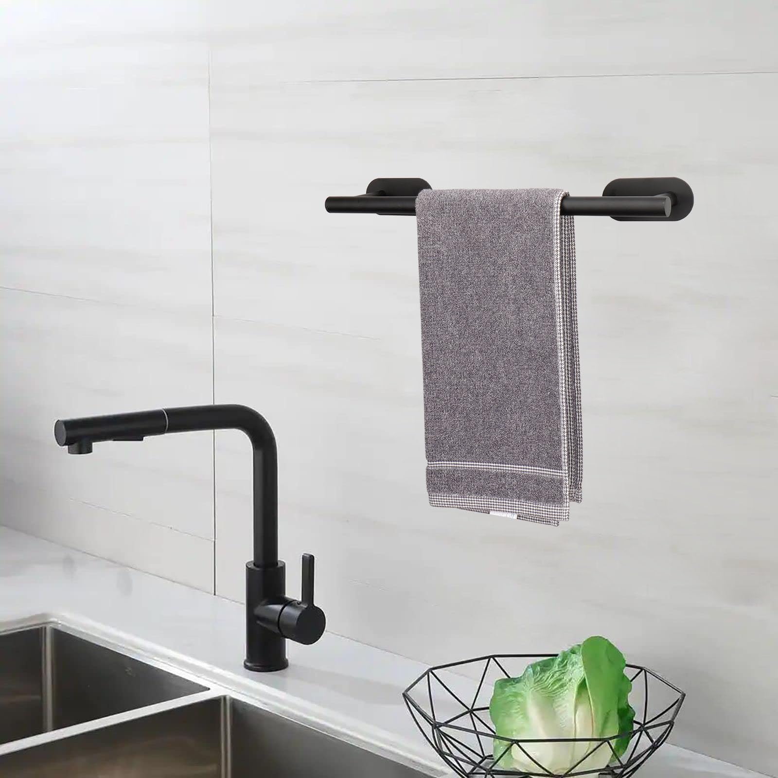TocTen No Drill Adhesive Bathroom Towel Bar - 16 Inch Rustproof Stainless Steel Stick-On Towel Rack for Bathroom, Kitchen & RV - Matte Black Easy Install Damage-Free Towel Holder for Showers, Spas & Small Spaces