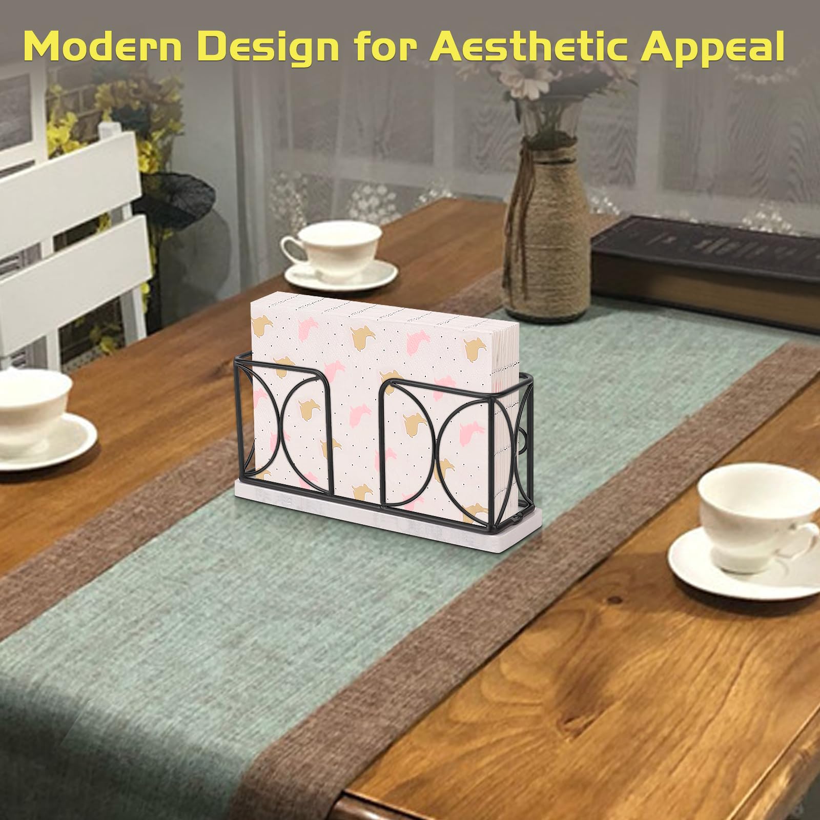 Modern Metal Napkin Holder with Marble Base - Elegant Guest Towel Paper Dispenser for Dining Table, Kitchen & Bathroom Vanity - Matte Black 4 Inch - Perfect for Home Decor, Restaurants & Office Use